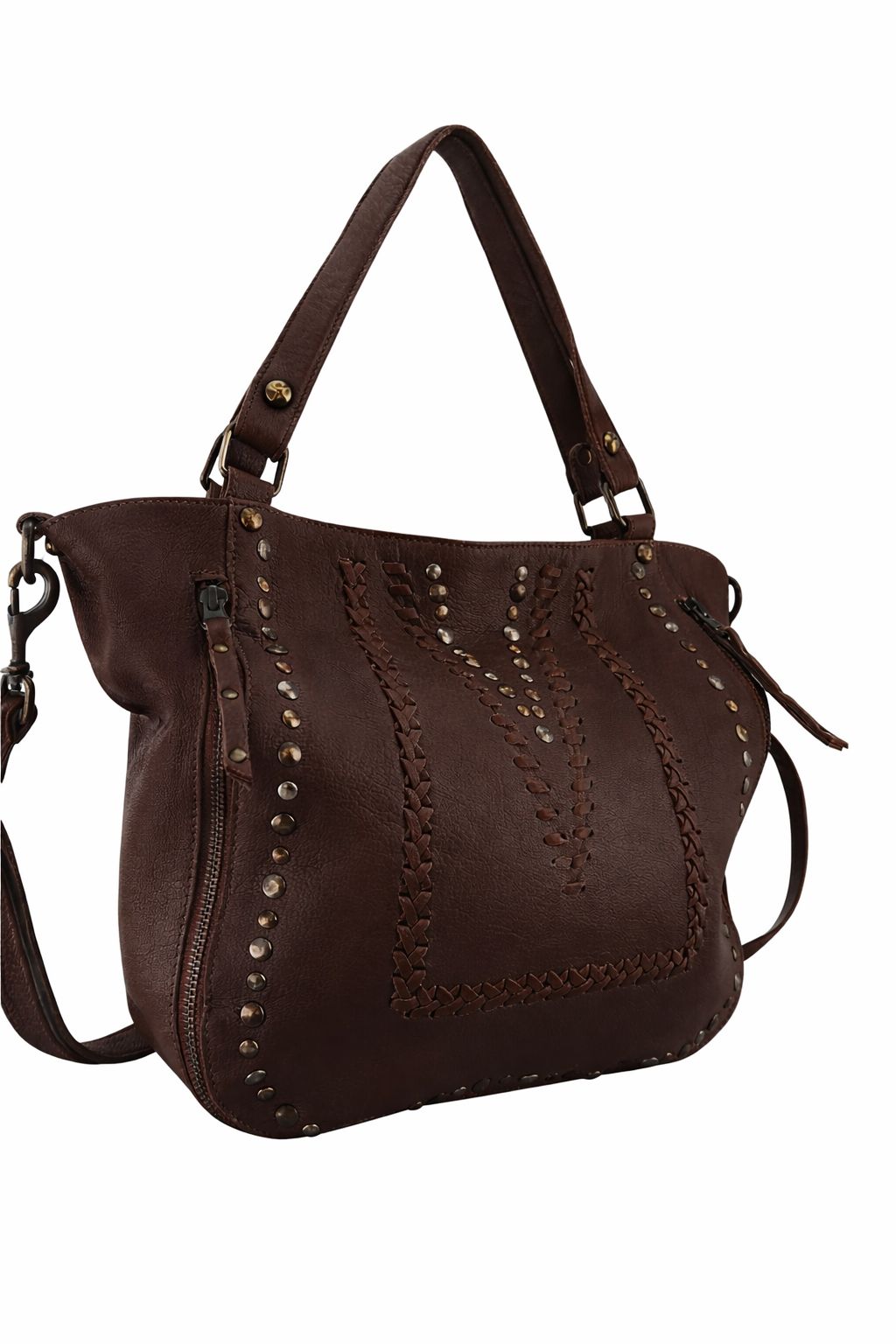 Chocolate leather handbag with studs and stitch at the front