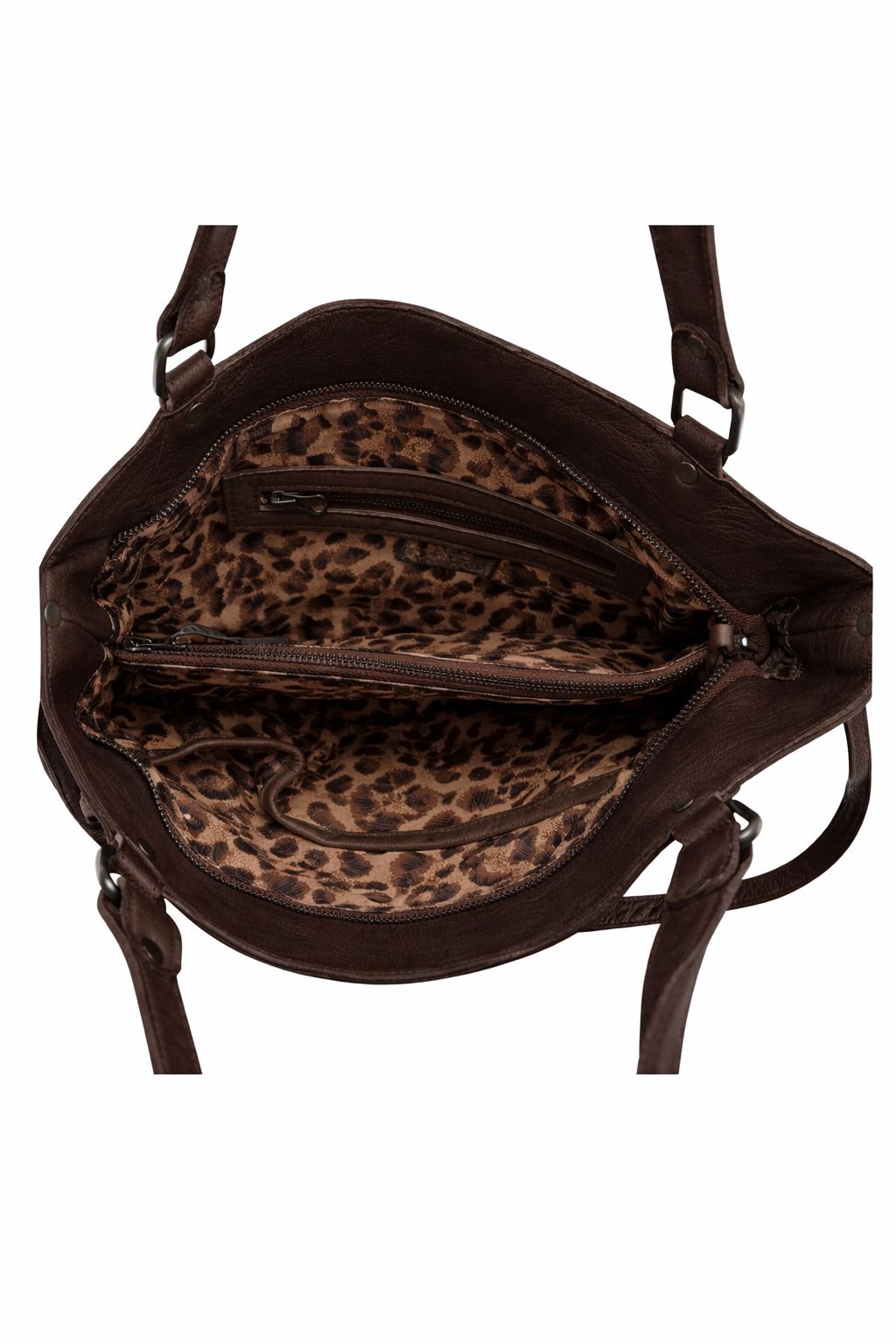 Chocolate leather Mila handbag inside with leopard print lining