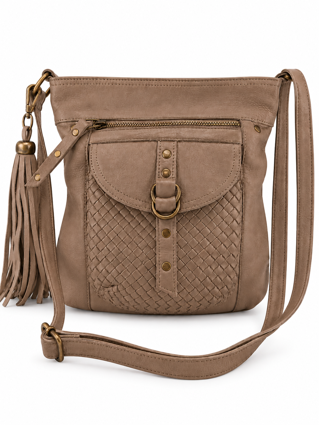 Cadelle Millie truffle leather crossbody with woven front and detacable tassel