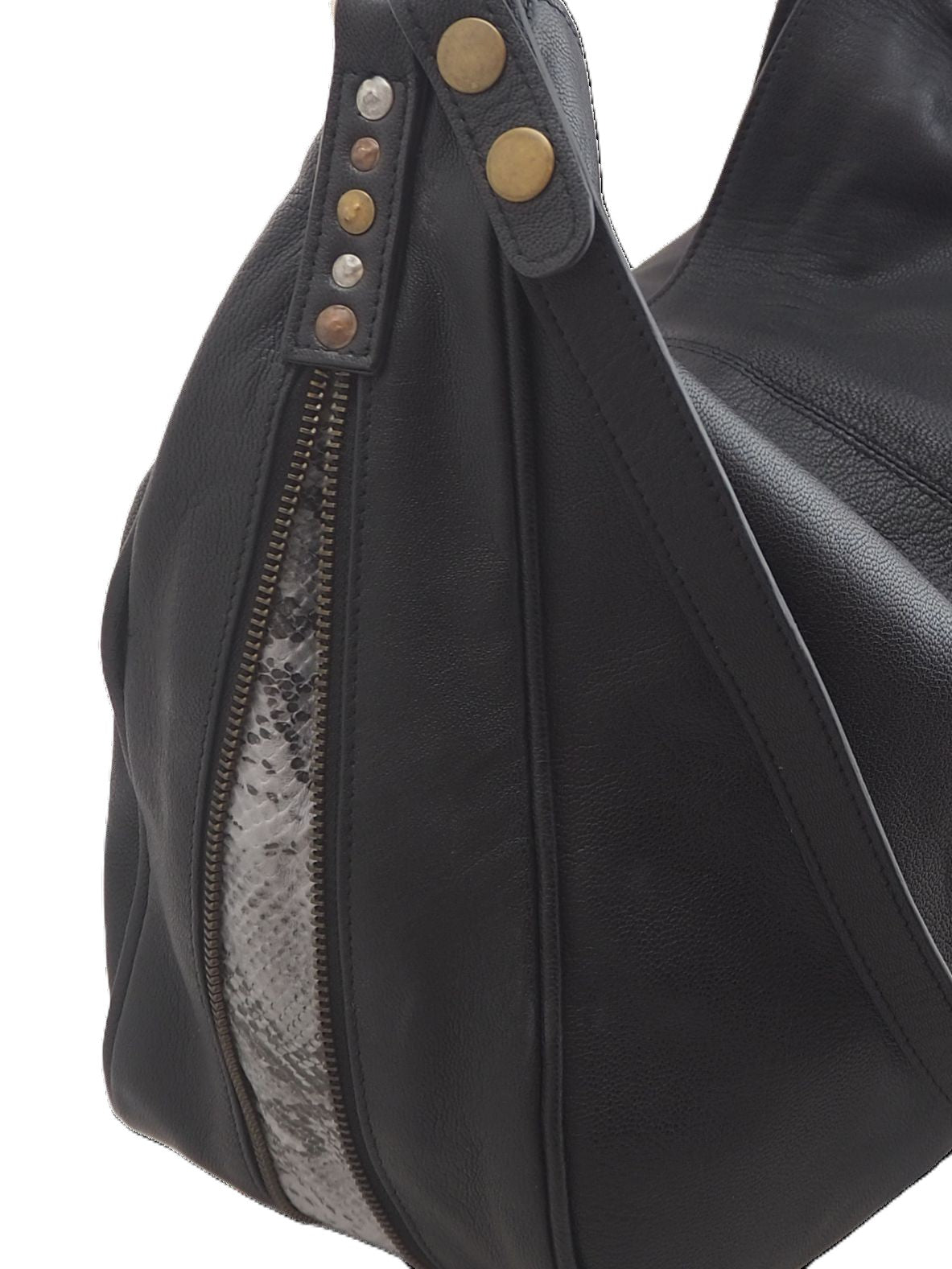 Black leather bag with snake print in-fill, close up