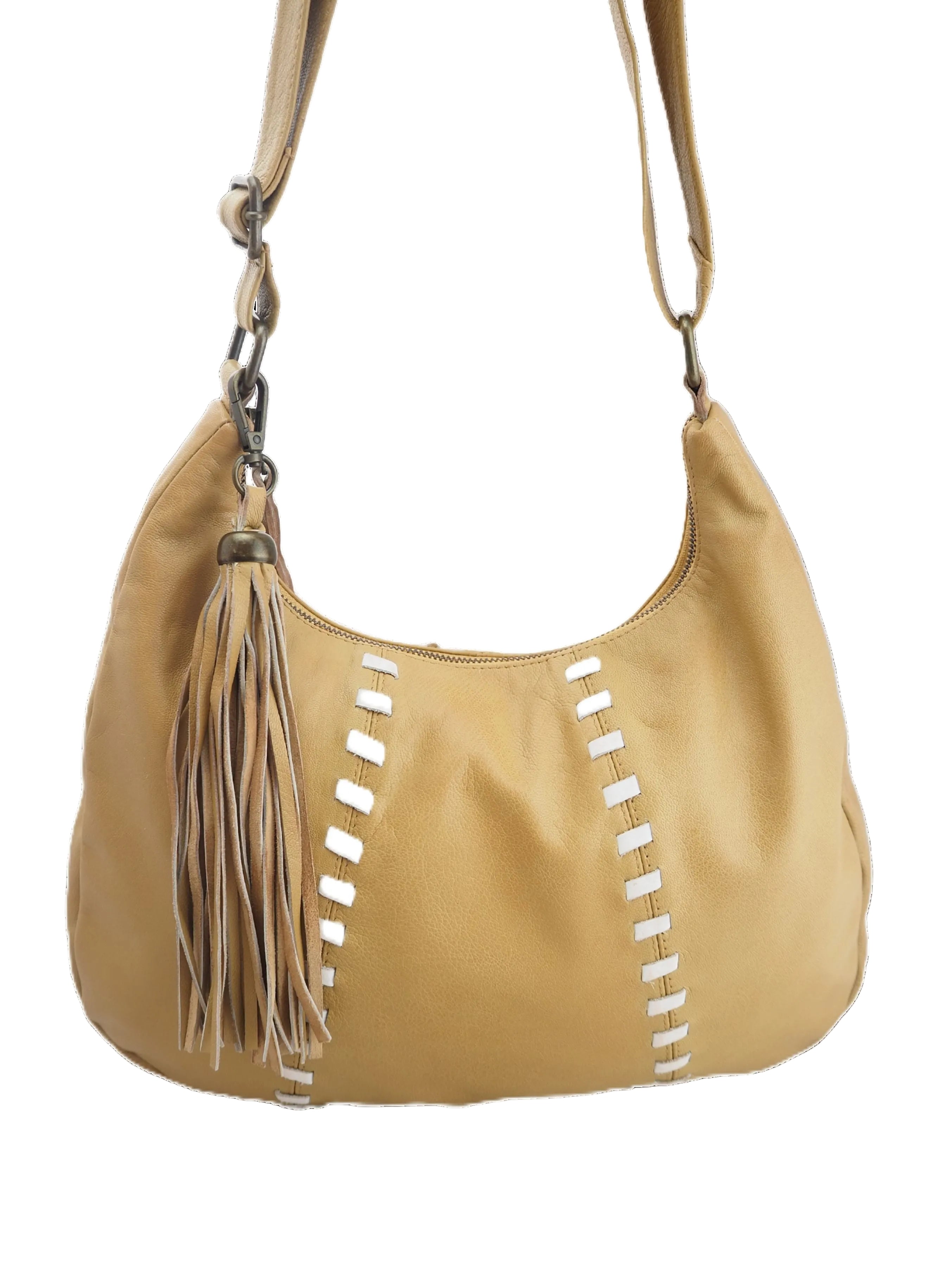 Camel leather bag with contrast white stitching on the front