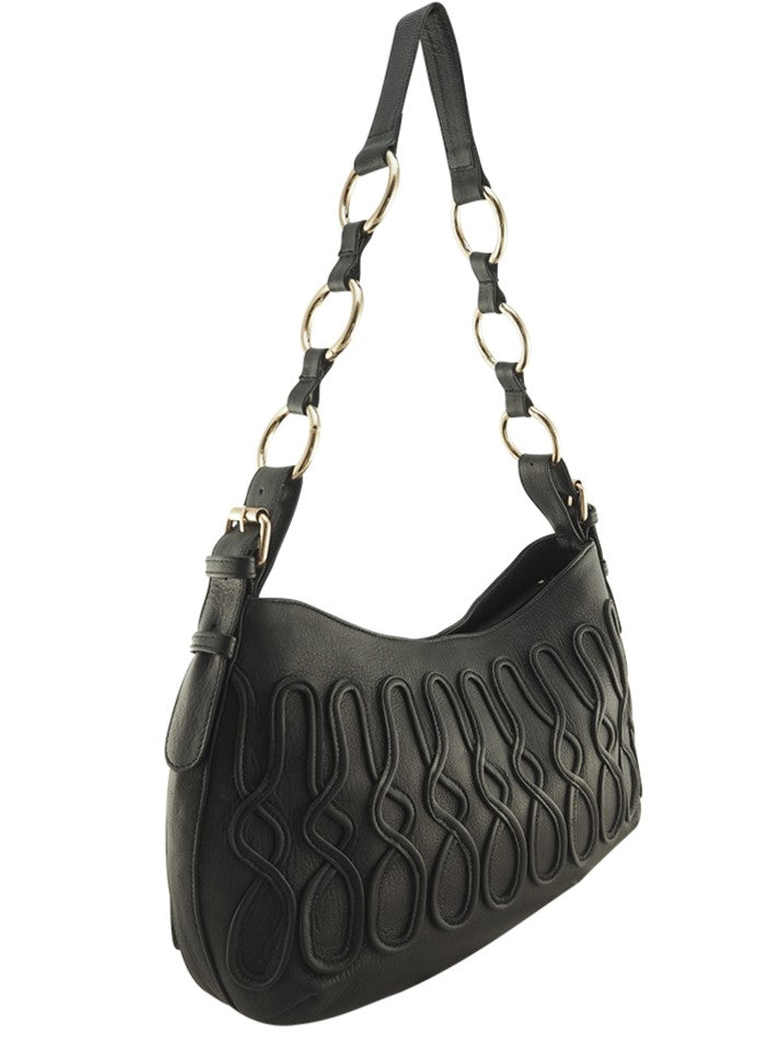 Cadelle Susie black leather handbag with slouchy shape and zip pockets side view
