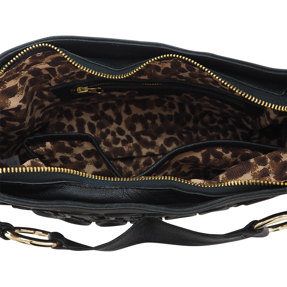 Cadelle Susie black leather handbag with slouchy shape and zip pockets inside view