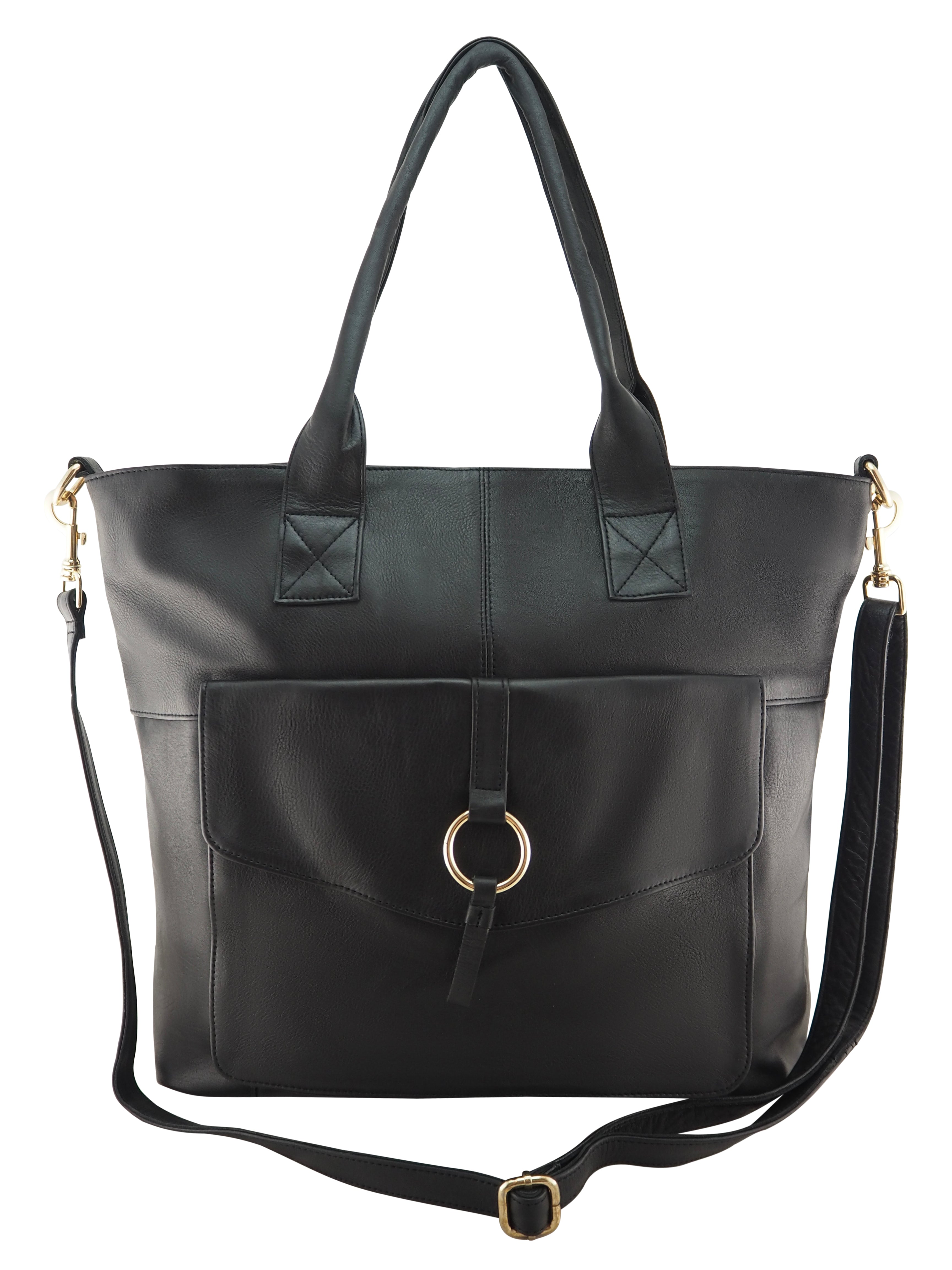 Cadelle Lisette black leather laptop bag with padded compartment and structured shape front view