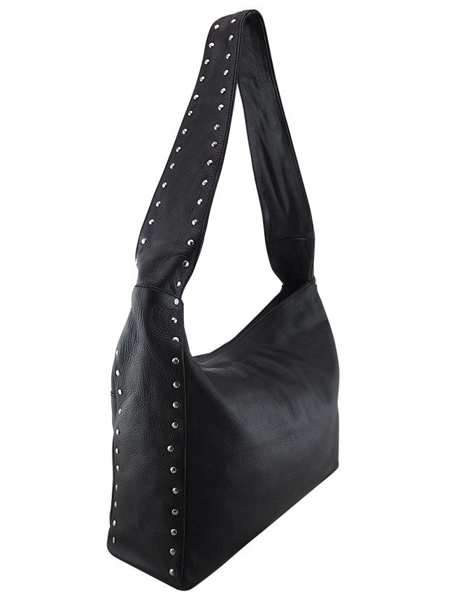 Cadelle Blondie black leather hobo bag with stud detailing and slouchy shape side view