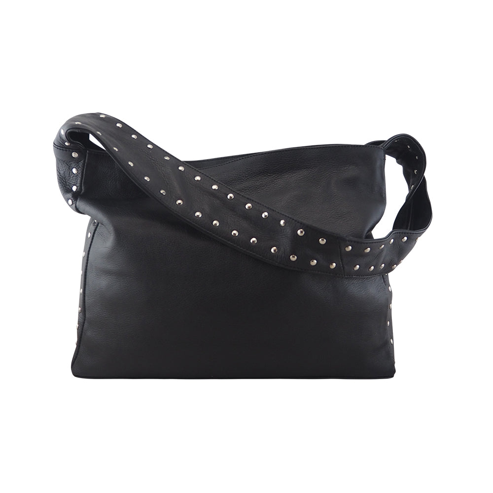 Cadelle Blondie black leather hobo bag with stud detailing and slouchy shape front view