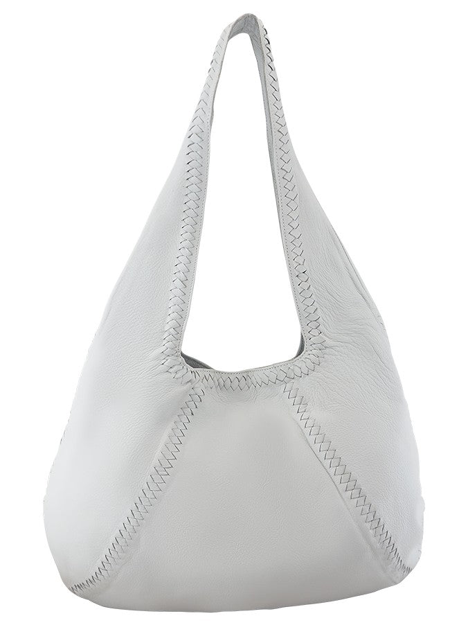 Cadelle Patrizia white leather hobo bag with braided and blanket stitch detail front view