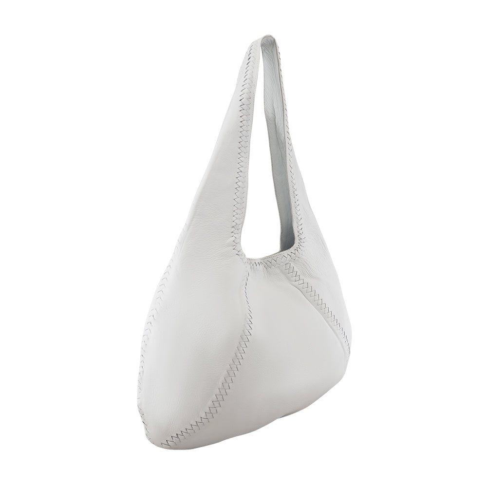 Cadelle Patrizia white leather hobo bag with braided and blanket stitch detail side view