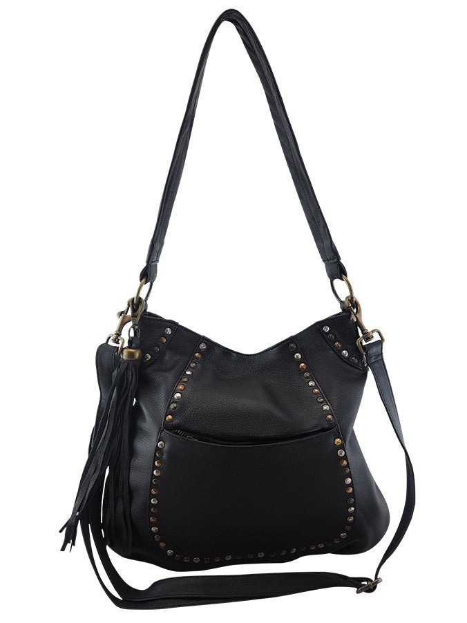 Cadelle Andie black leather handbag with stud detail and wide handle front view