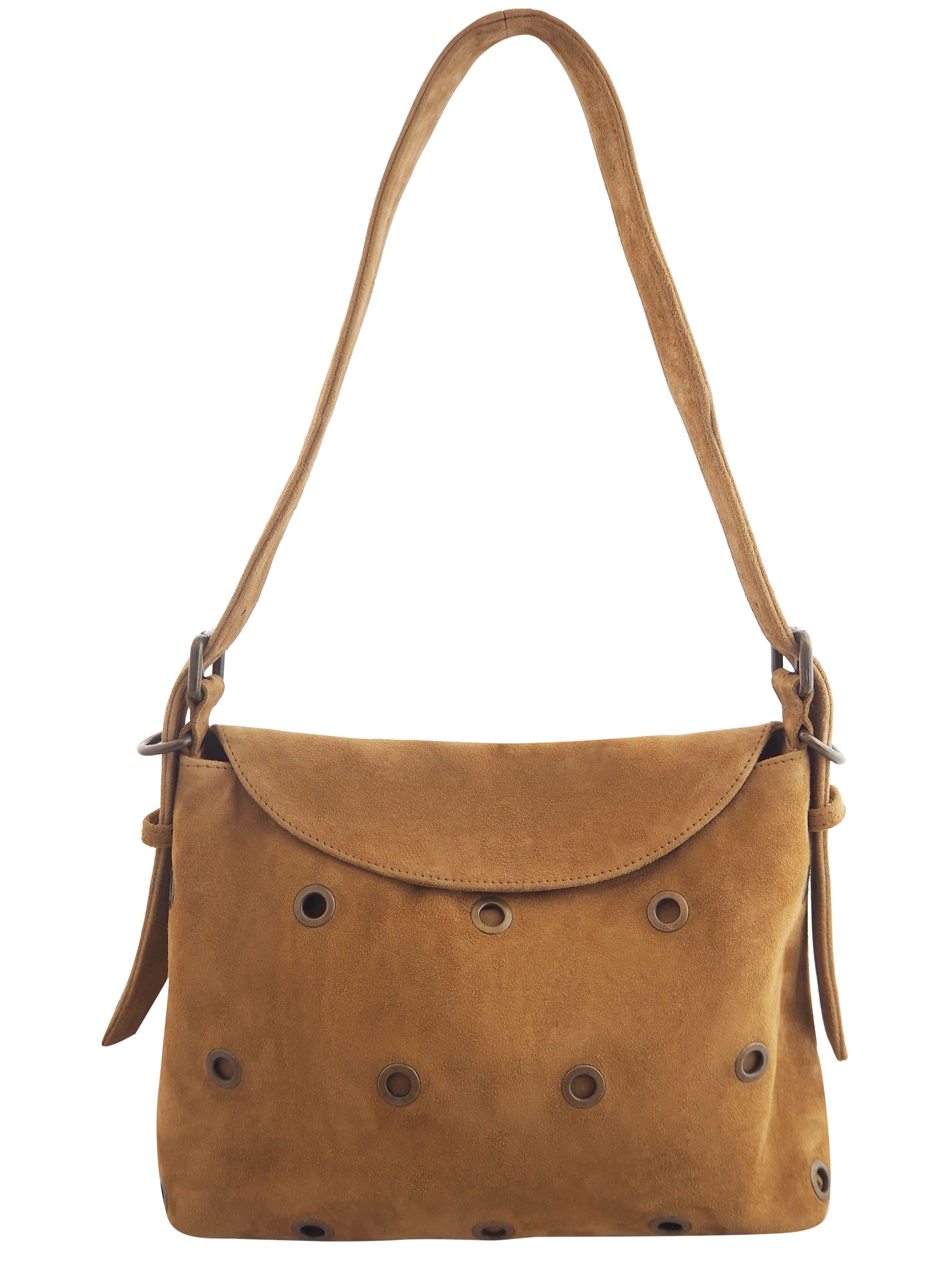 Cadelle Stevie tan suede shoulder bag with eyelet detailing and soft shape front view