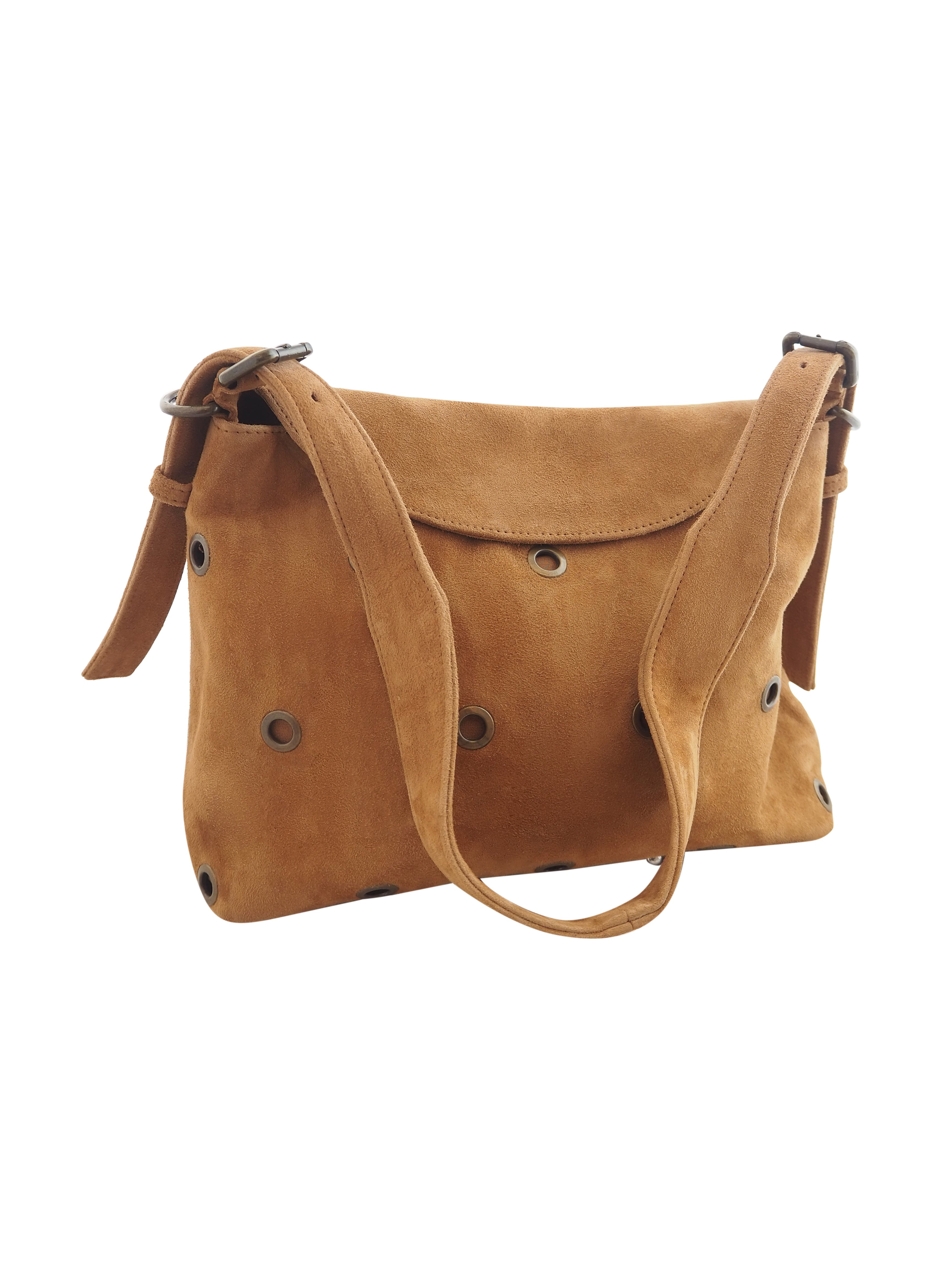Cadelle Stevie tan suede shoulder bag with eyelet detailing and soft shape front view