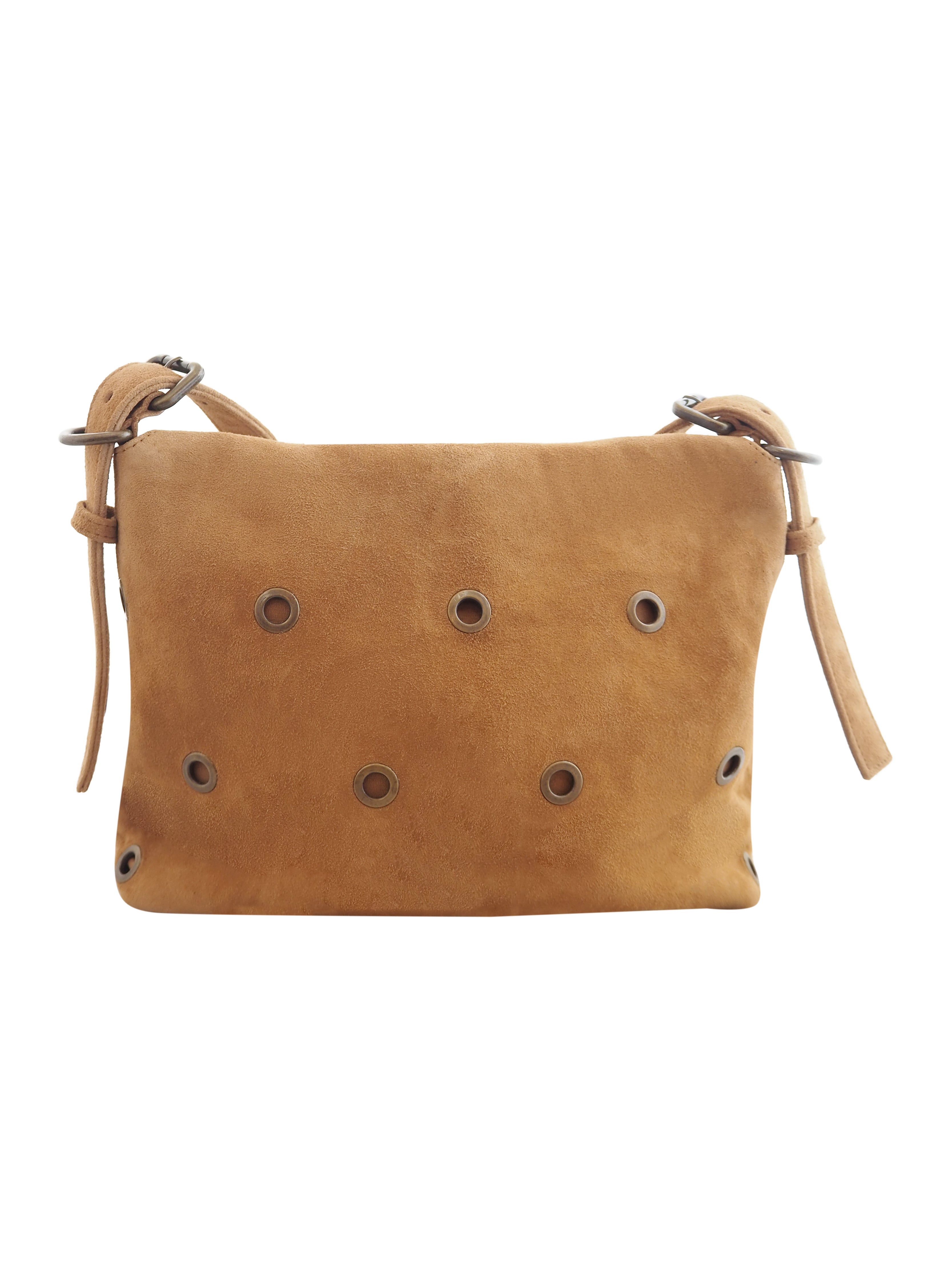 Cadelle Stevie tan suede shoulder bag with eyelet detailing and soft shape back view