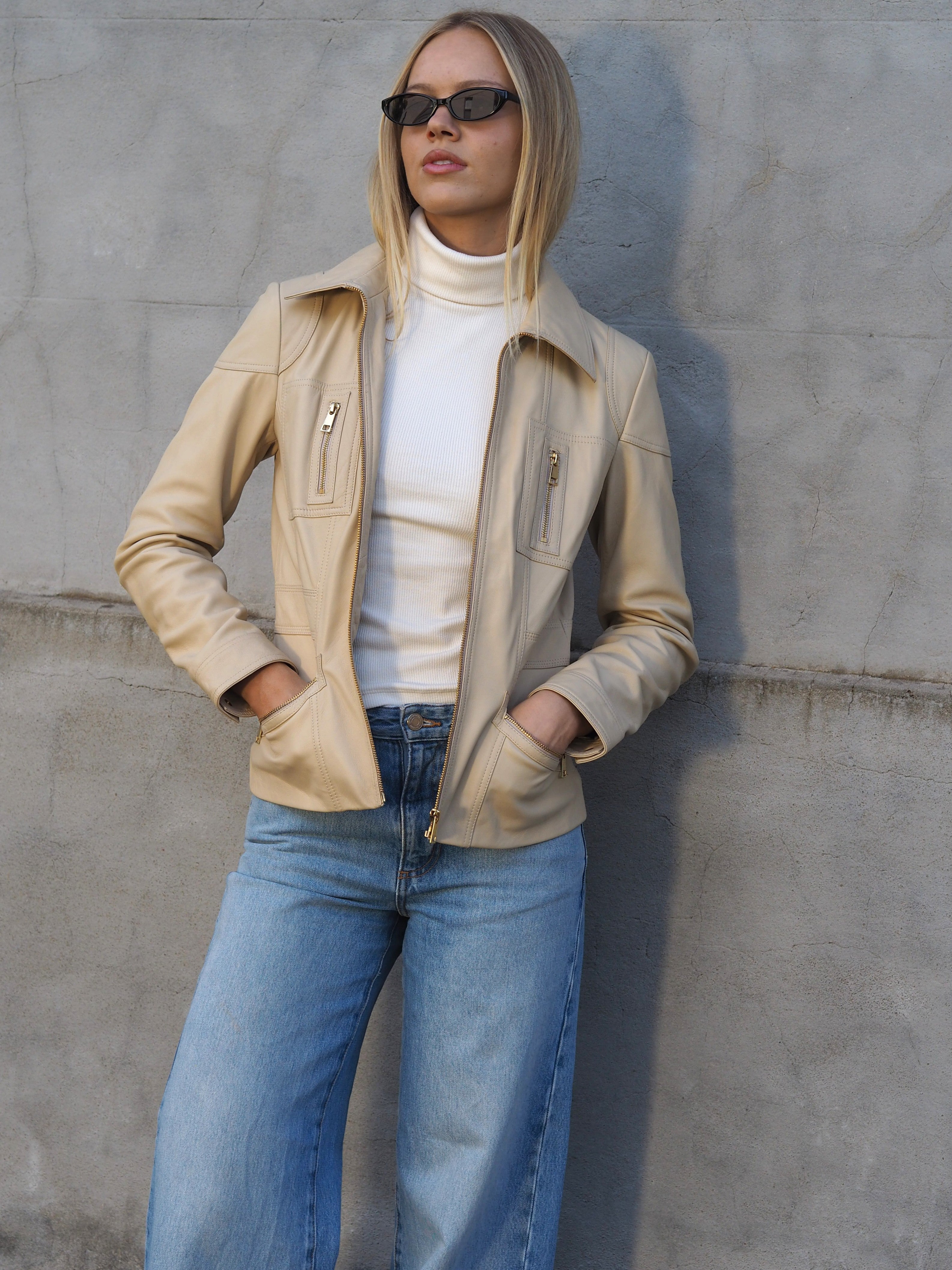 Madison beige leather zip through jacket