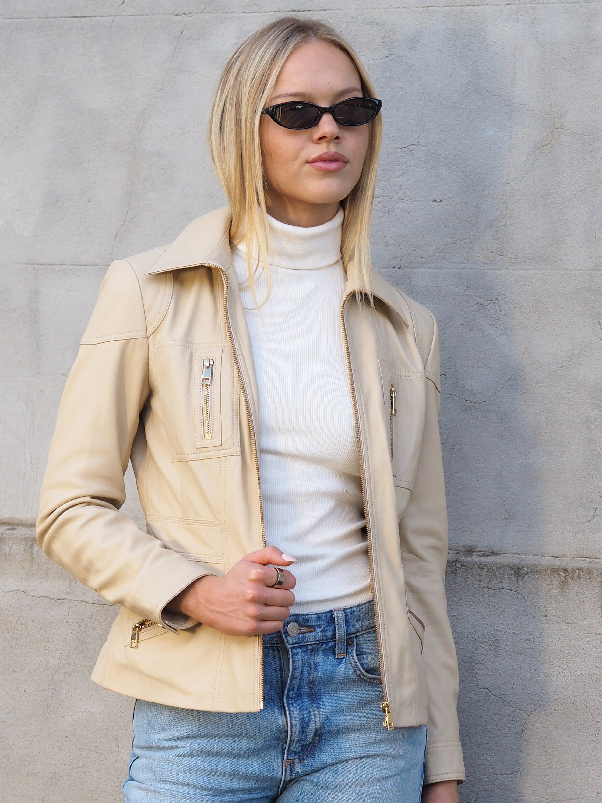 Madison beige leather zip through jacket