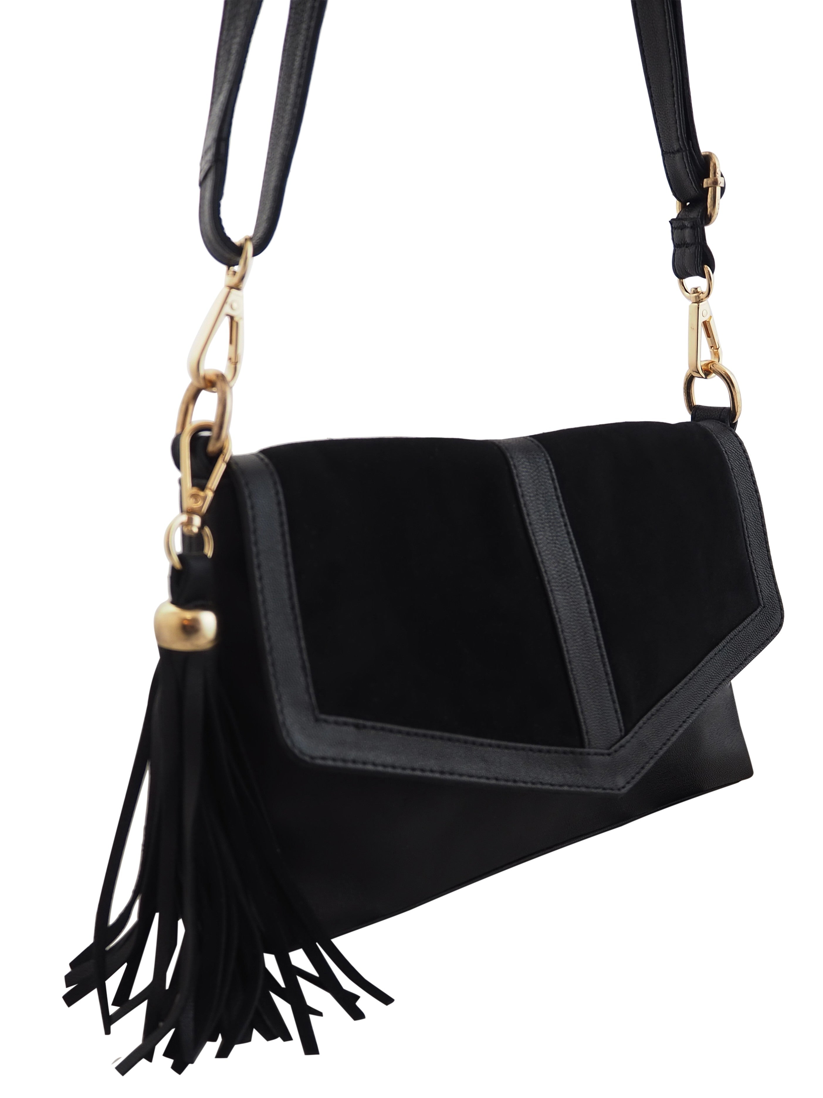 Cadelle Cosette black leather crossbody bag with suede panel and gold hardware side view