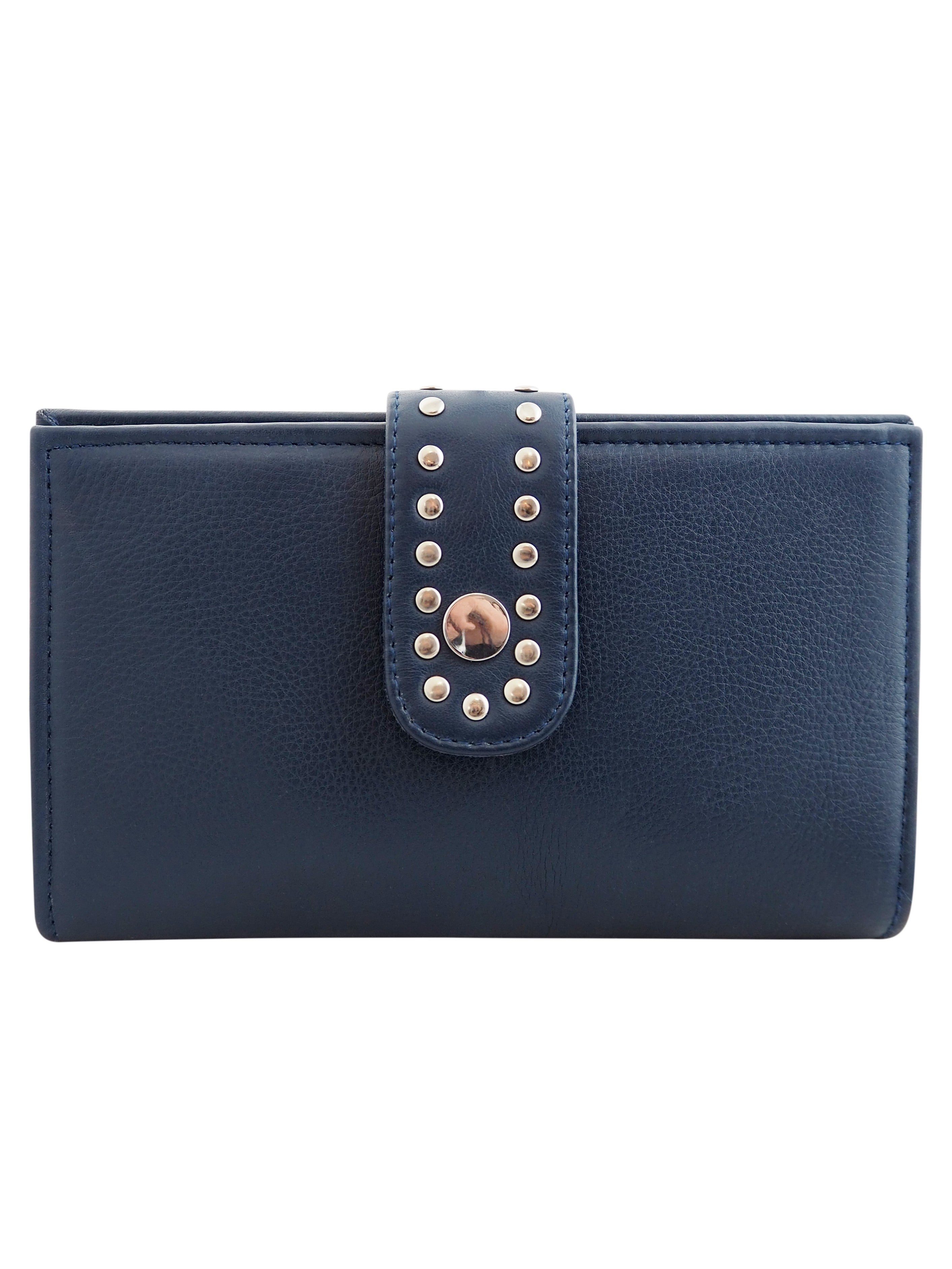 Cadelle Jessie navy leather wallet with silver stud flap and press stud closure