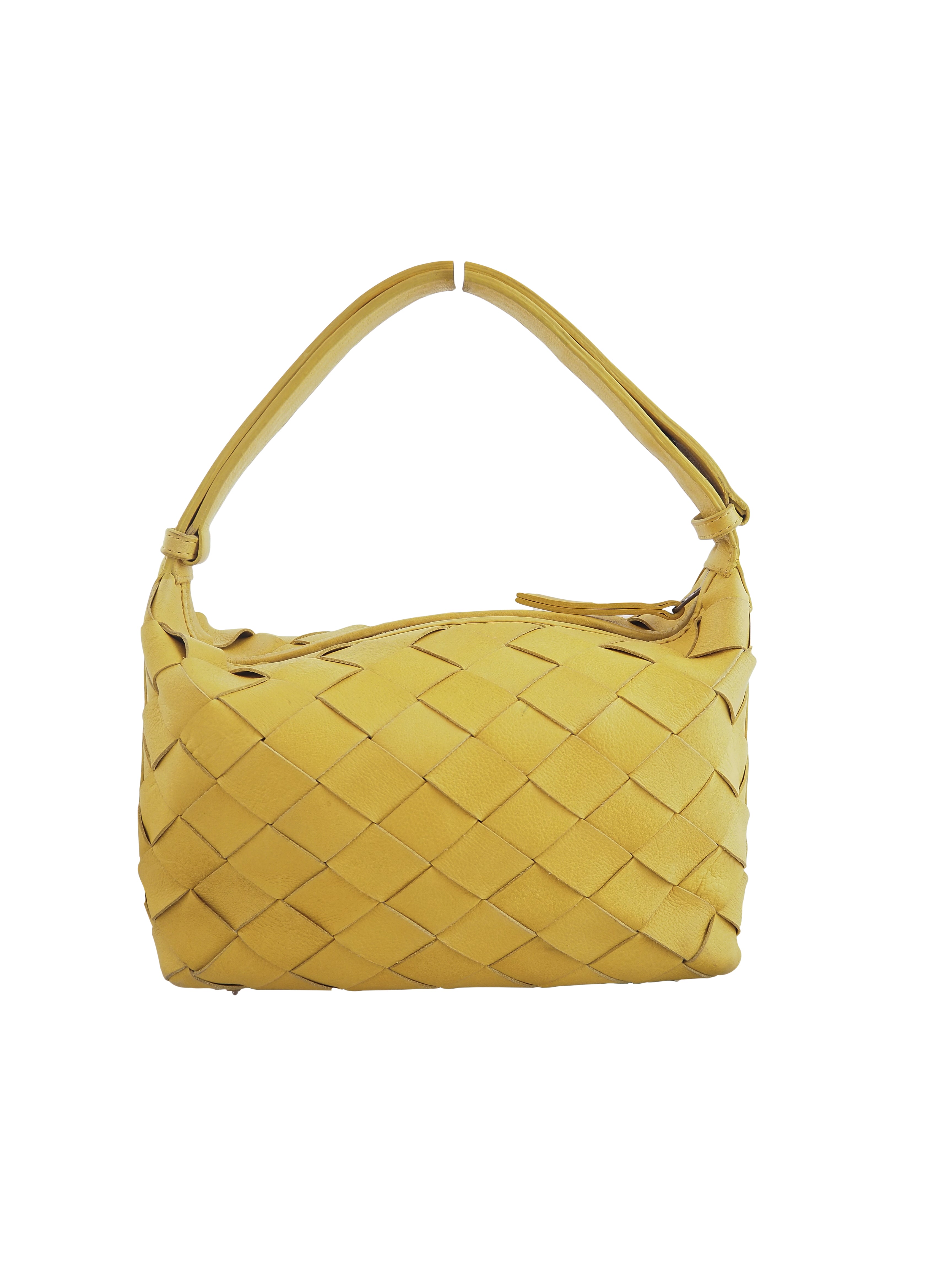 Cadelle Lee saffron leather handbag with handwoven panel design front view