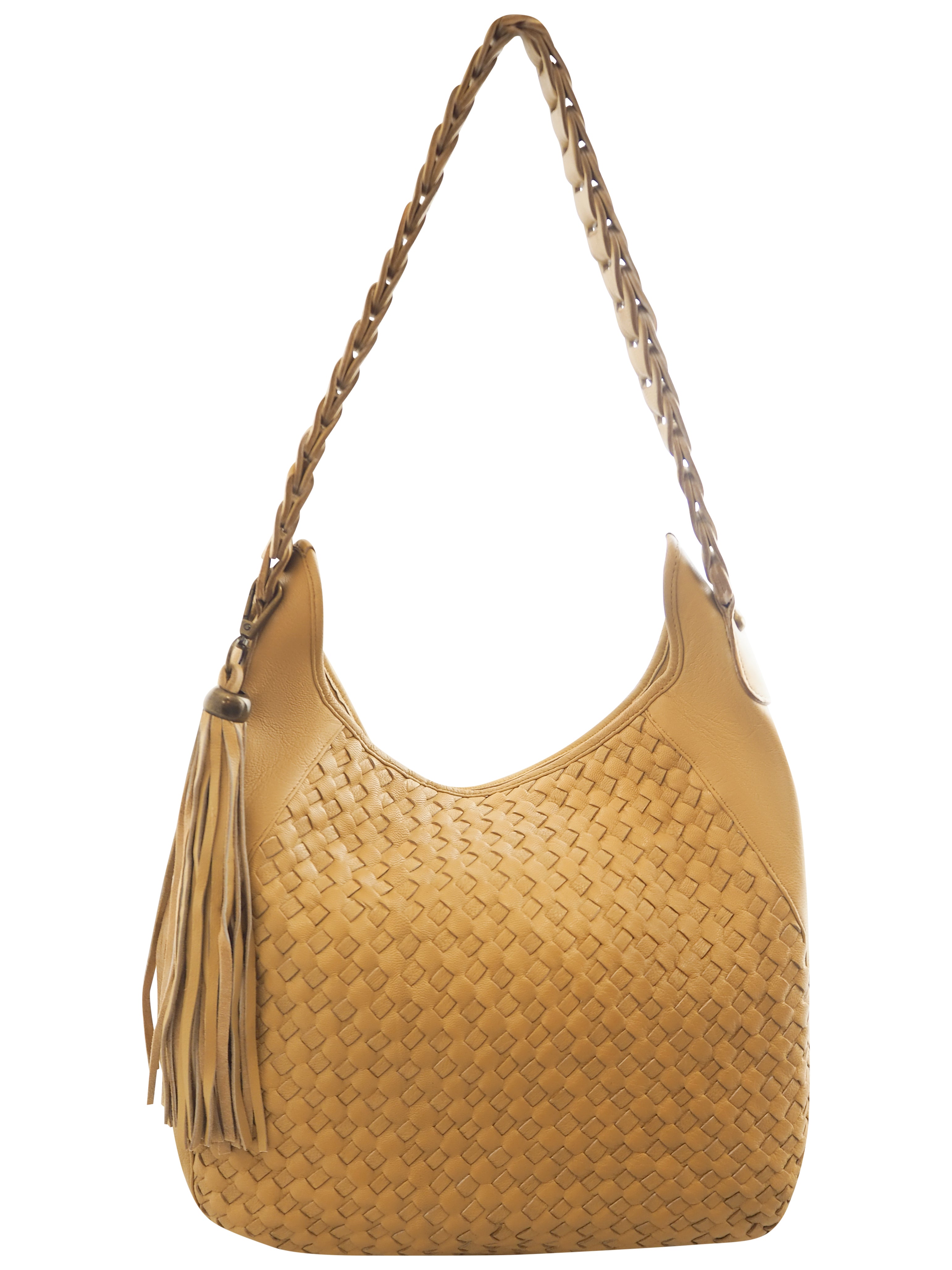 Cadelle Lana camel leather woven hobo bag with plaited handle front view
