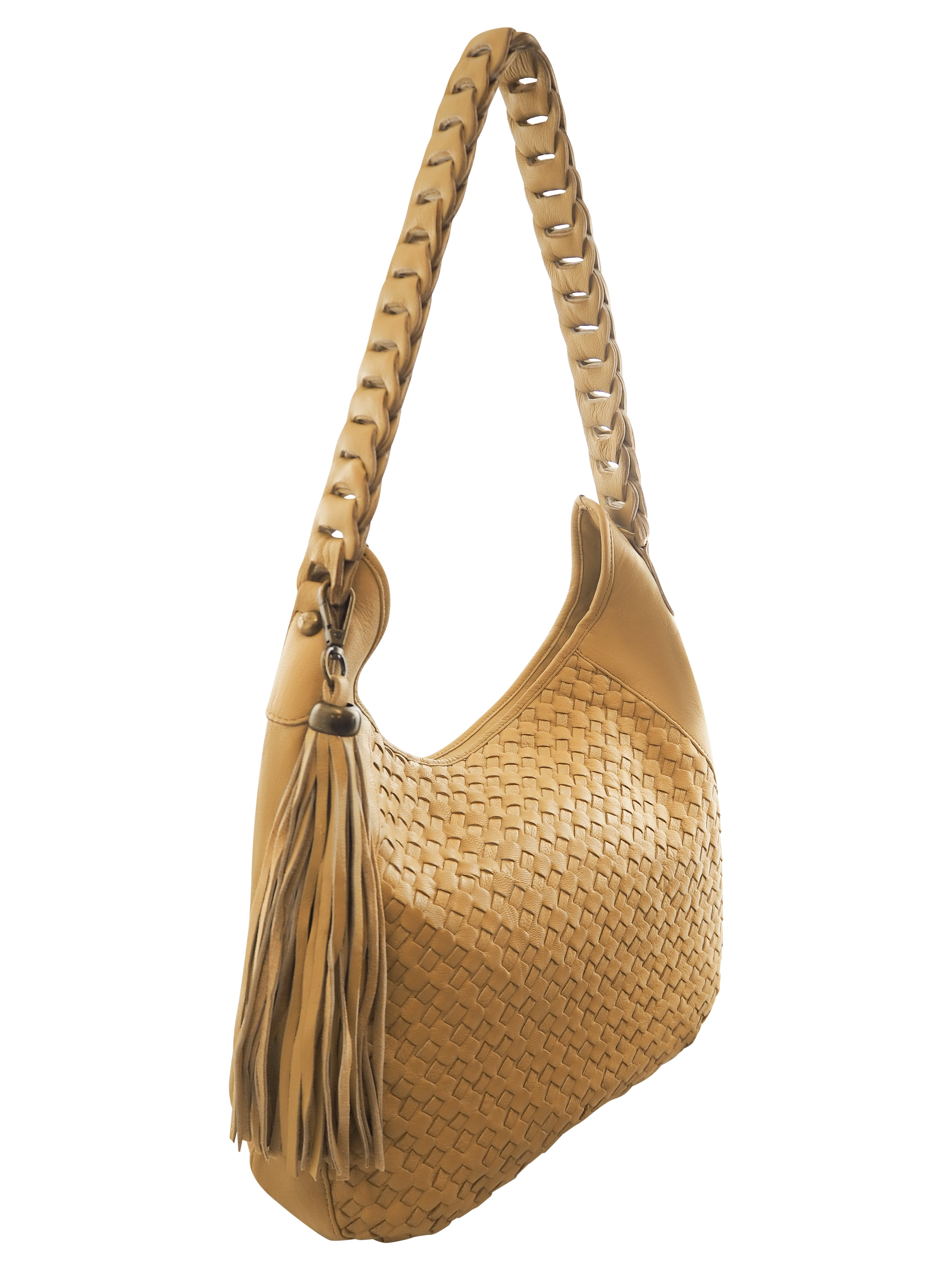 Cadelle Lana camel leather woven hobo bag with plaited handle side view