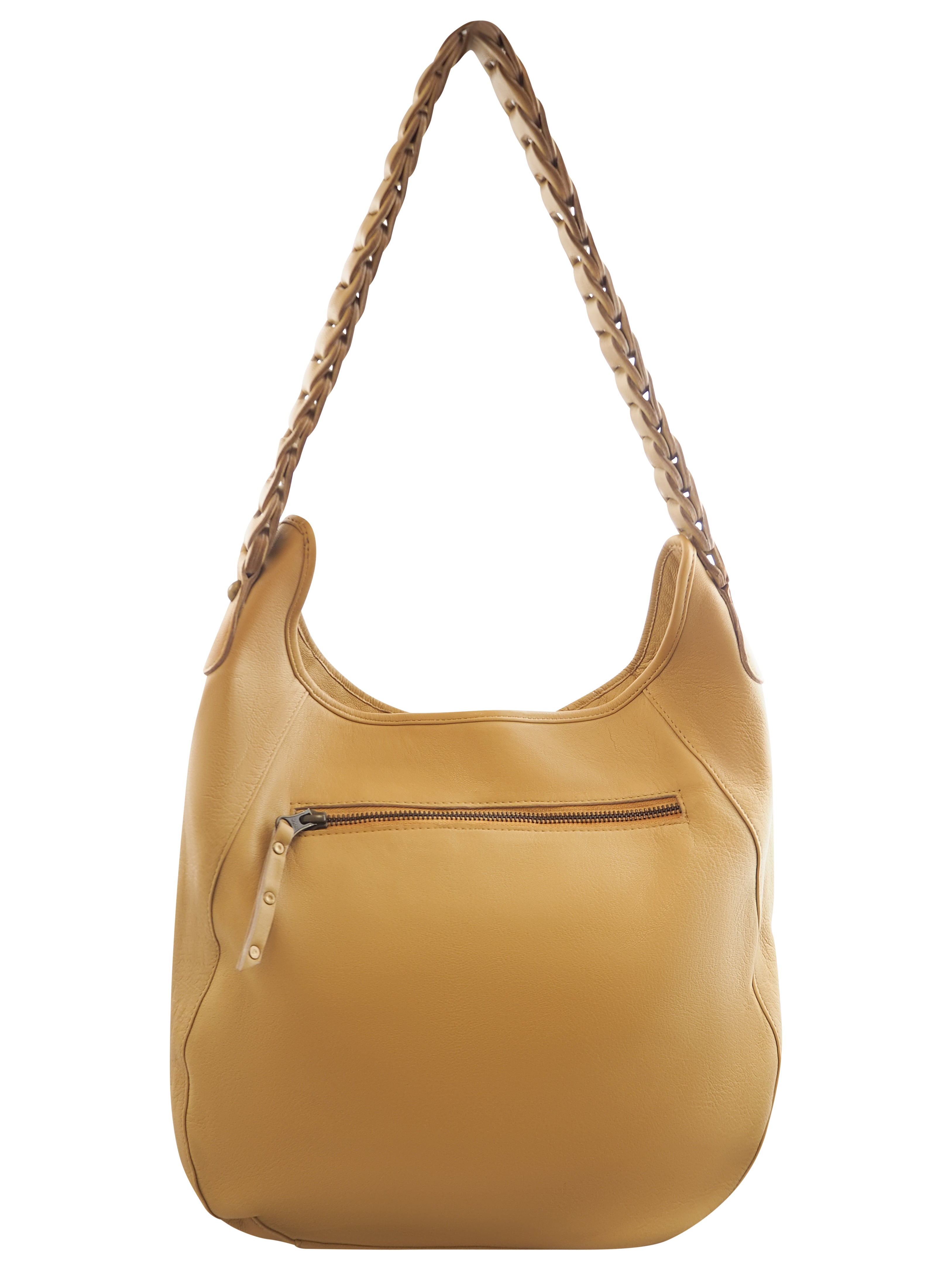 Cadelle Lana camel leather woven hobo bag with plaited handle back view