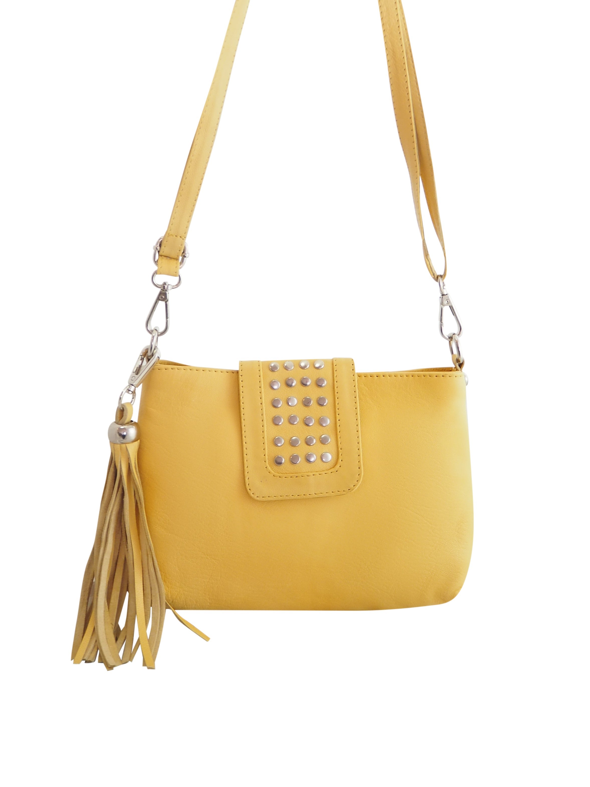 Cadelle Gigi butter leather crossbody bag with silver stud detailing front view