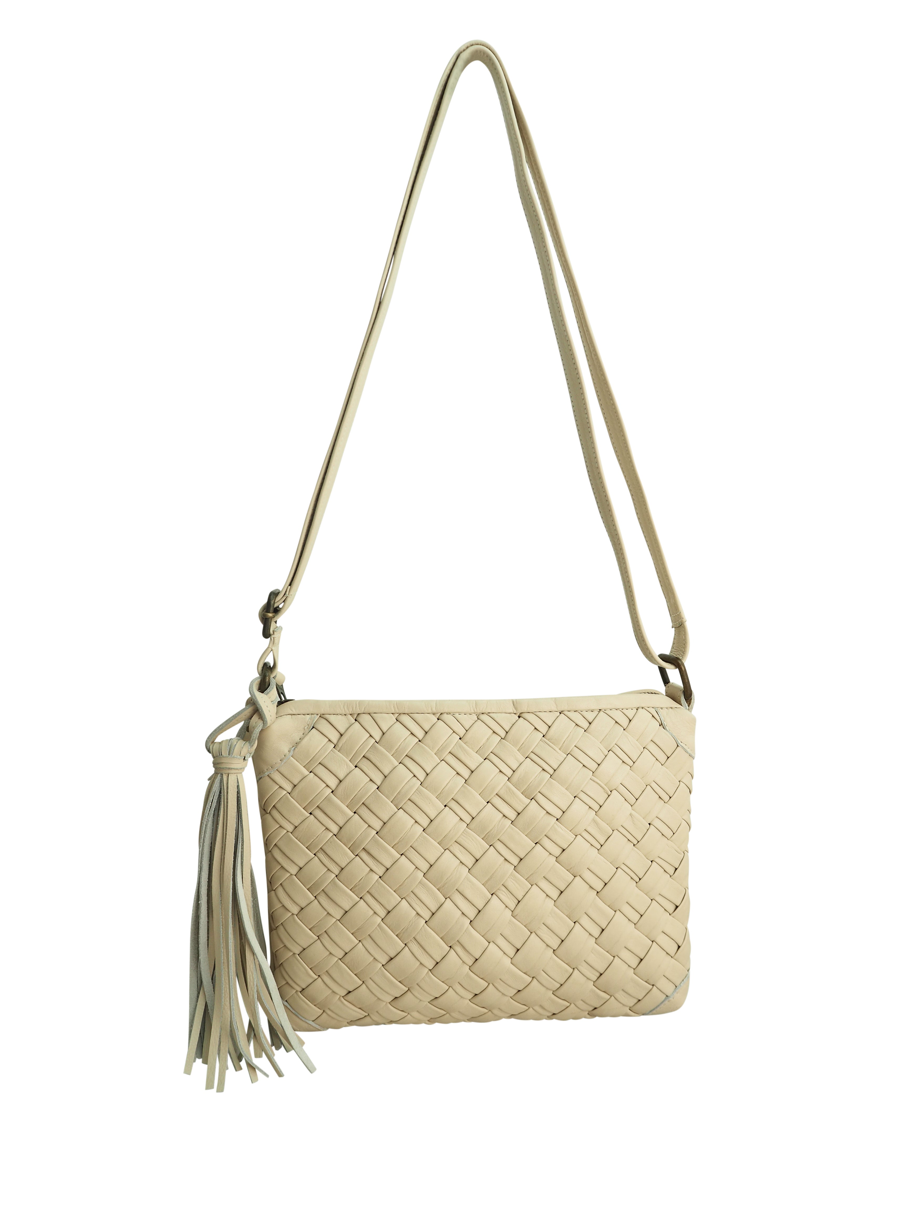 Cadelle Diane cream leather crossbody bag with woven front detail front view