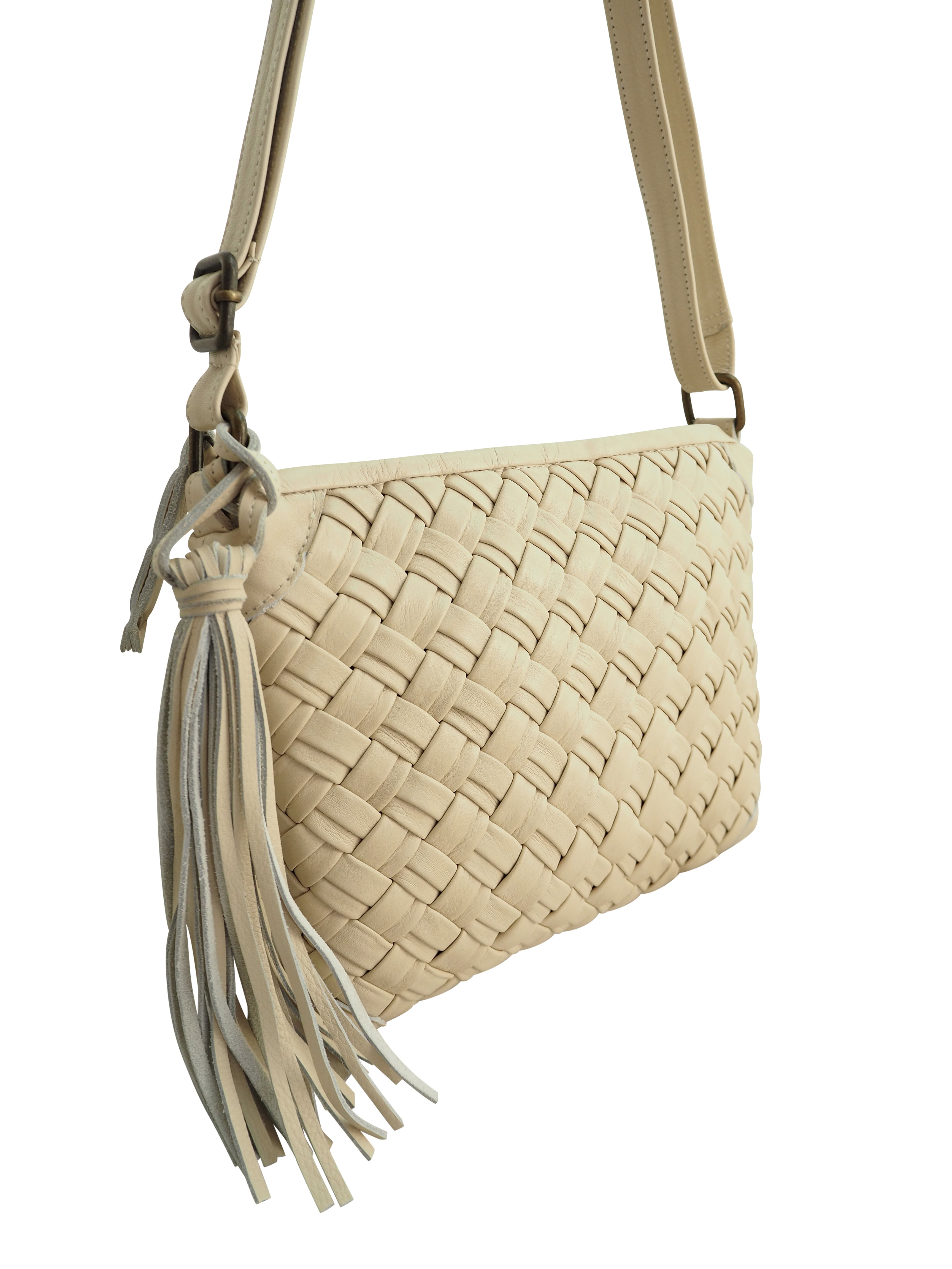 Cadelle Diane cream leather crossbody bag with woven front detail side view