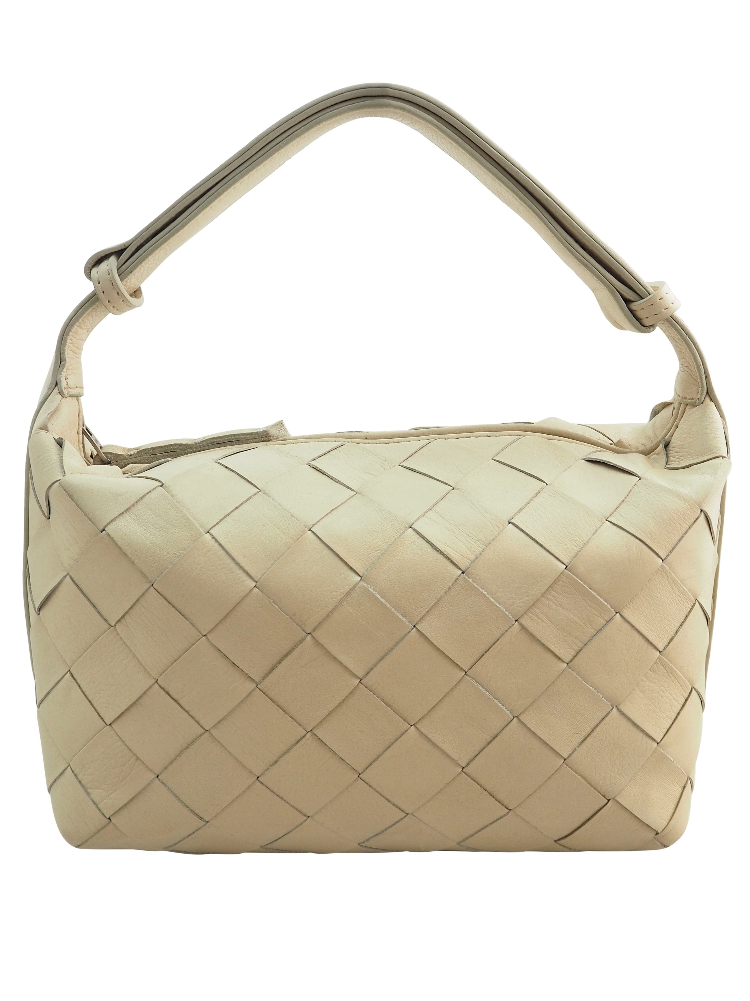 Cadelle Lee cream leather handbag with handwoven panel design front view