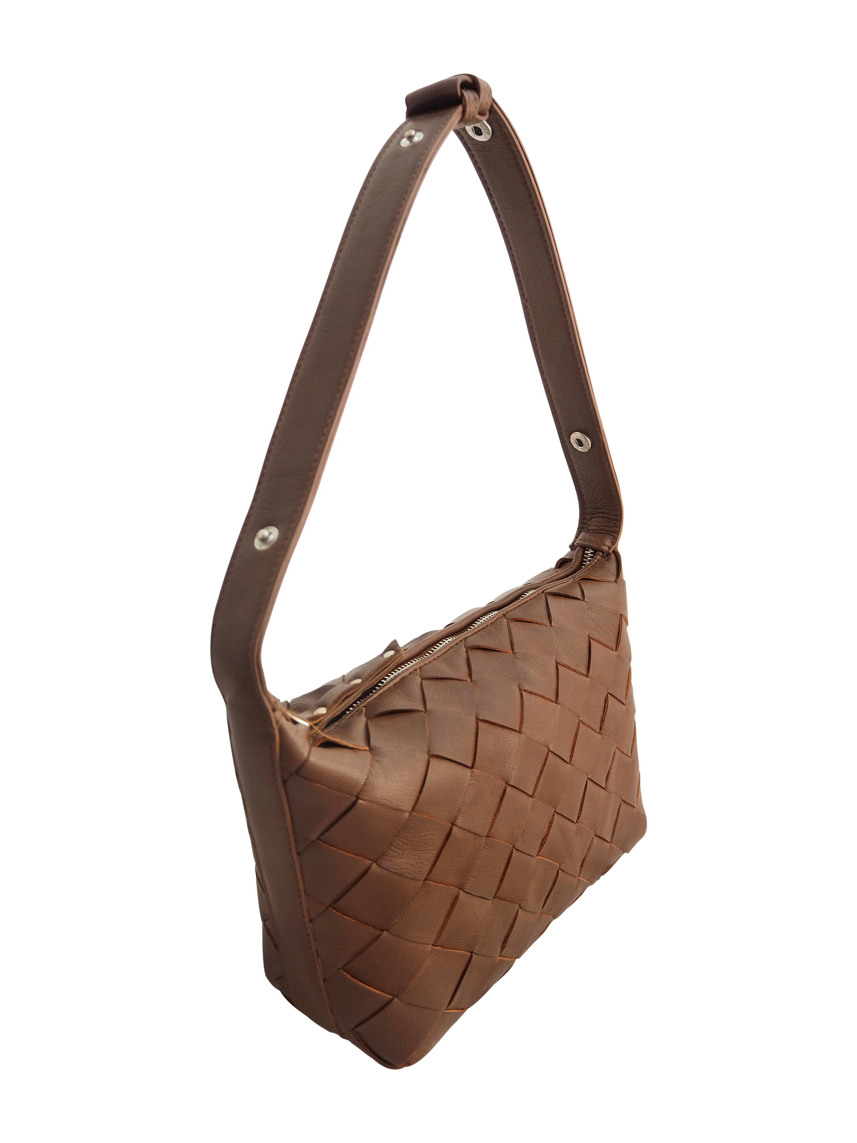 Cadelle Lee chocolate leather handbag with handwoven panel design side view