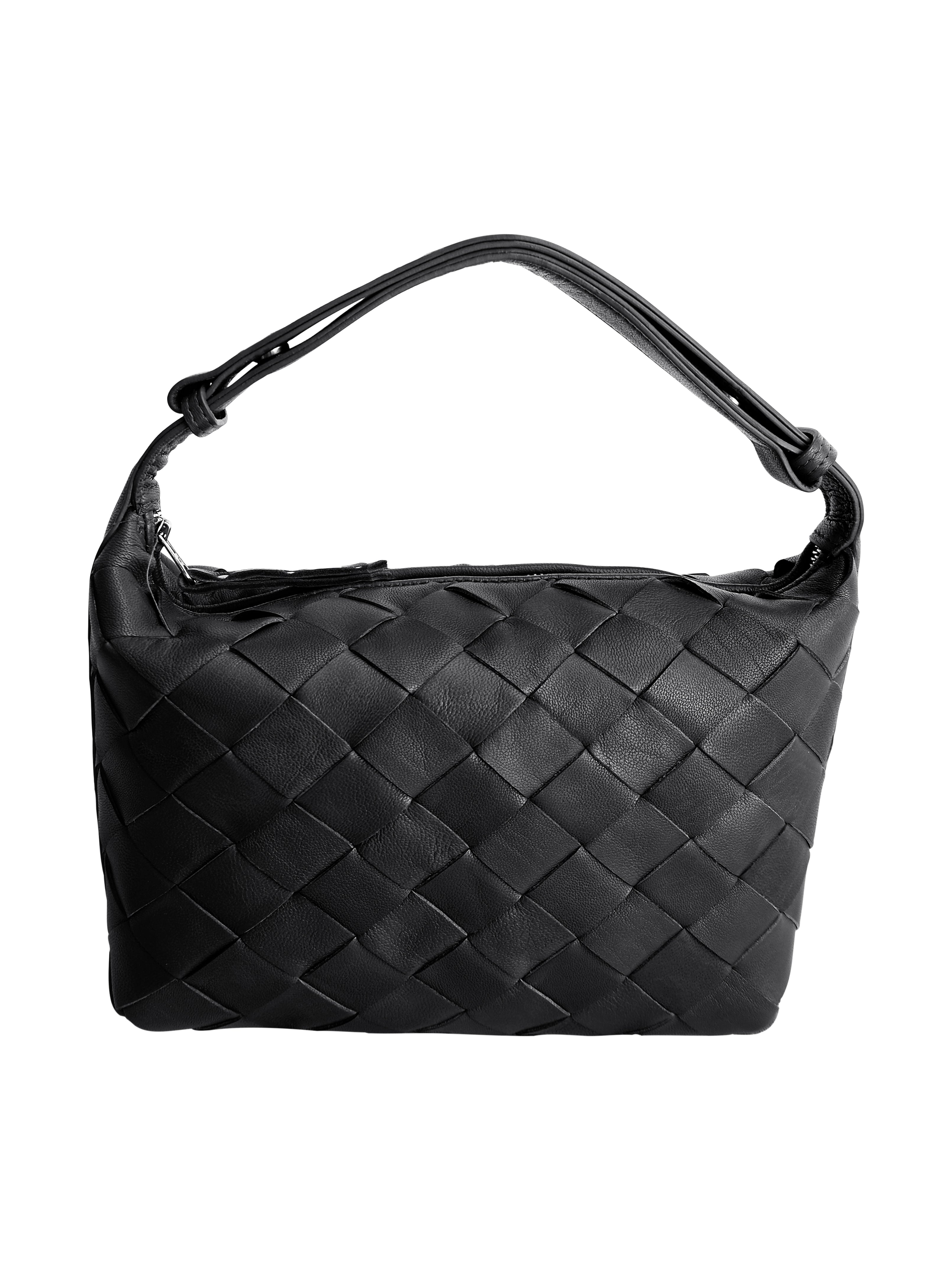 Cadelle Lee black leather handbag with handwoven panel design front view