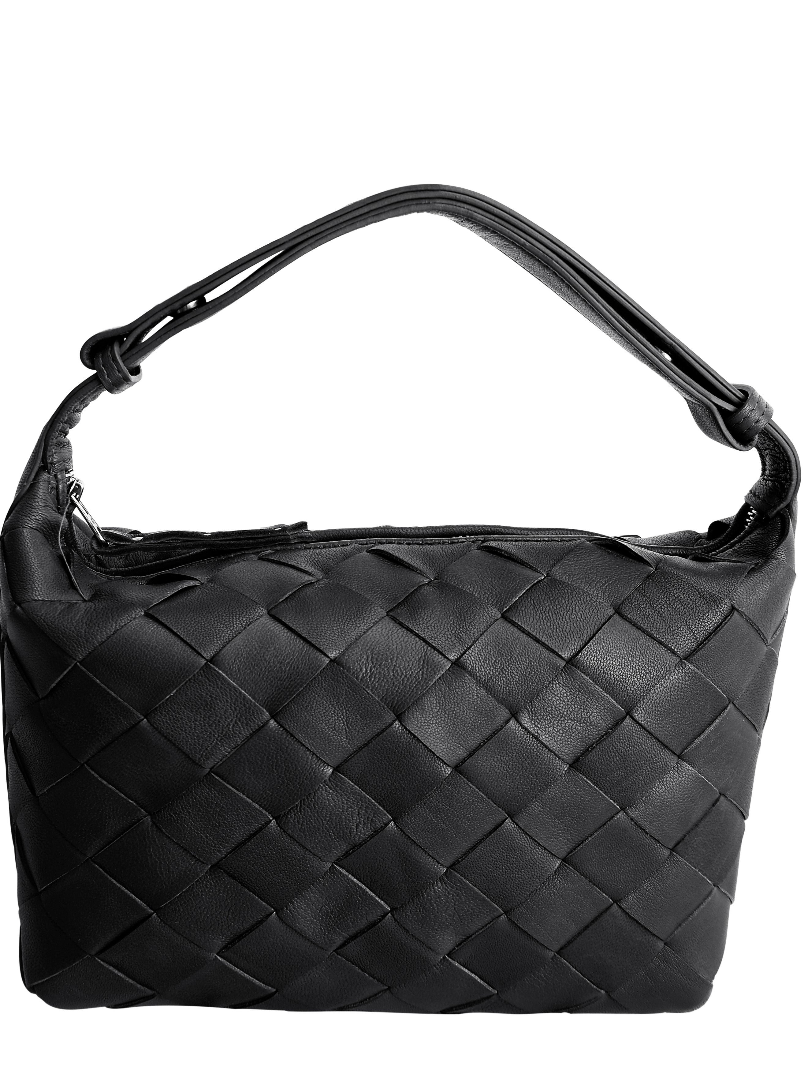 Cadelle Lee black leather handbag with handwoven panel design front view