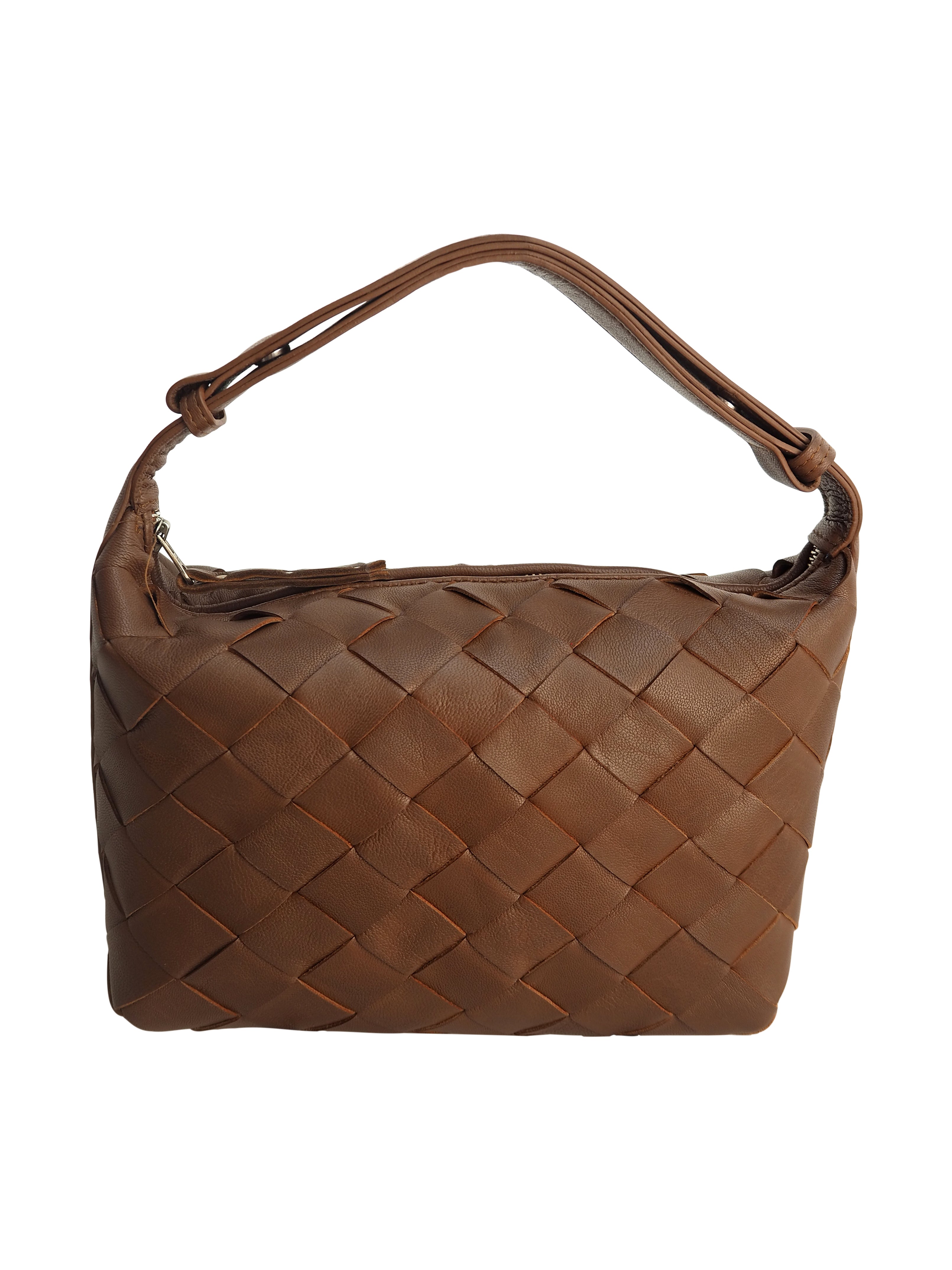 Cadelle Lee chocolate leather handbag with handwoven panel design front view