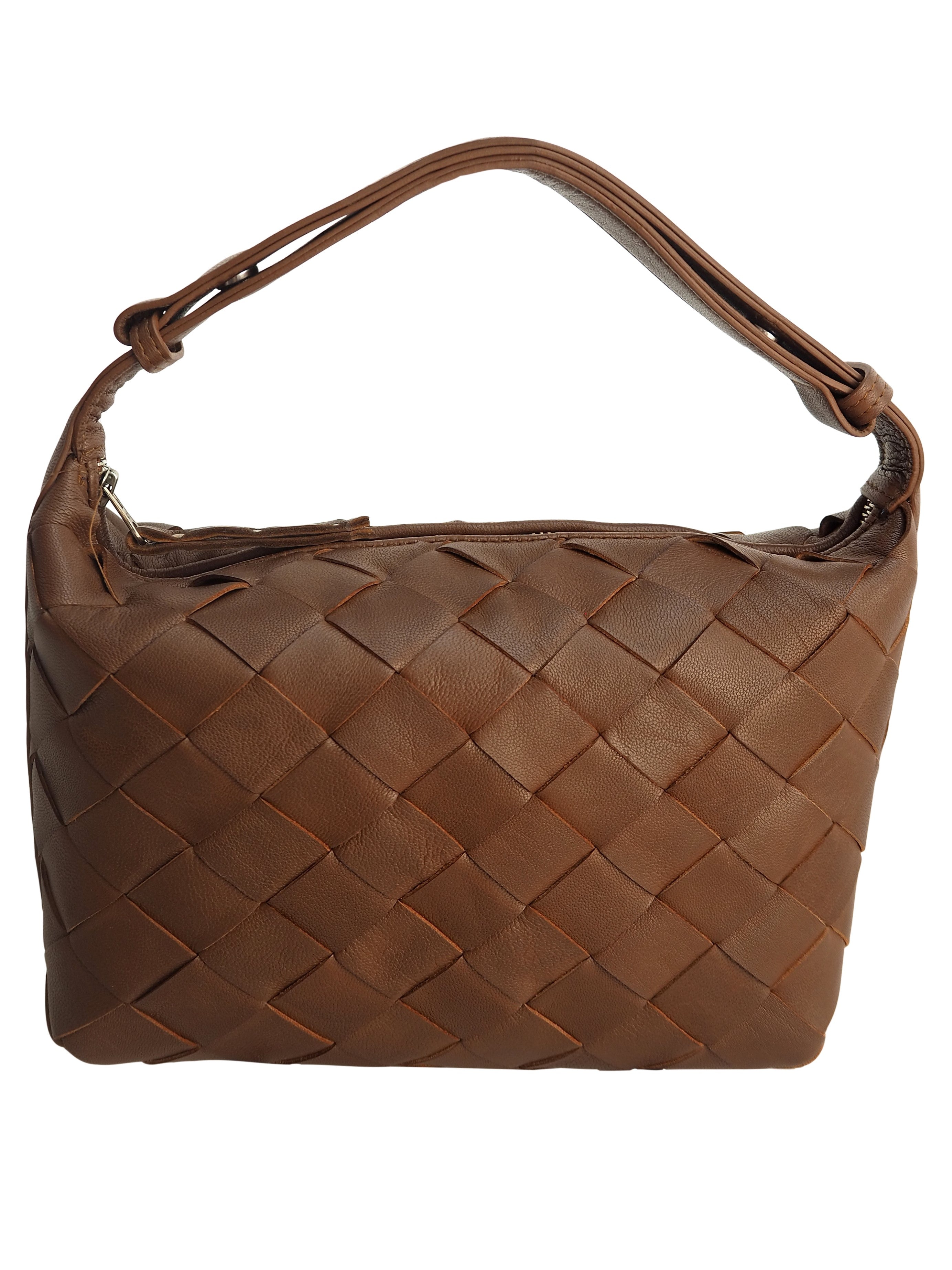 Cadelle Lee chocolate leather handbag with handwoven panel design front view
