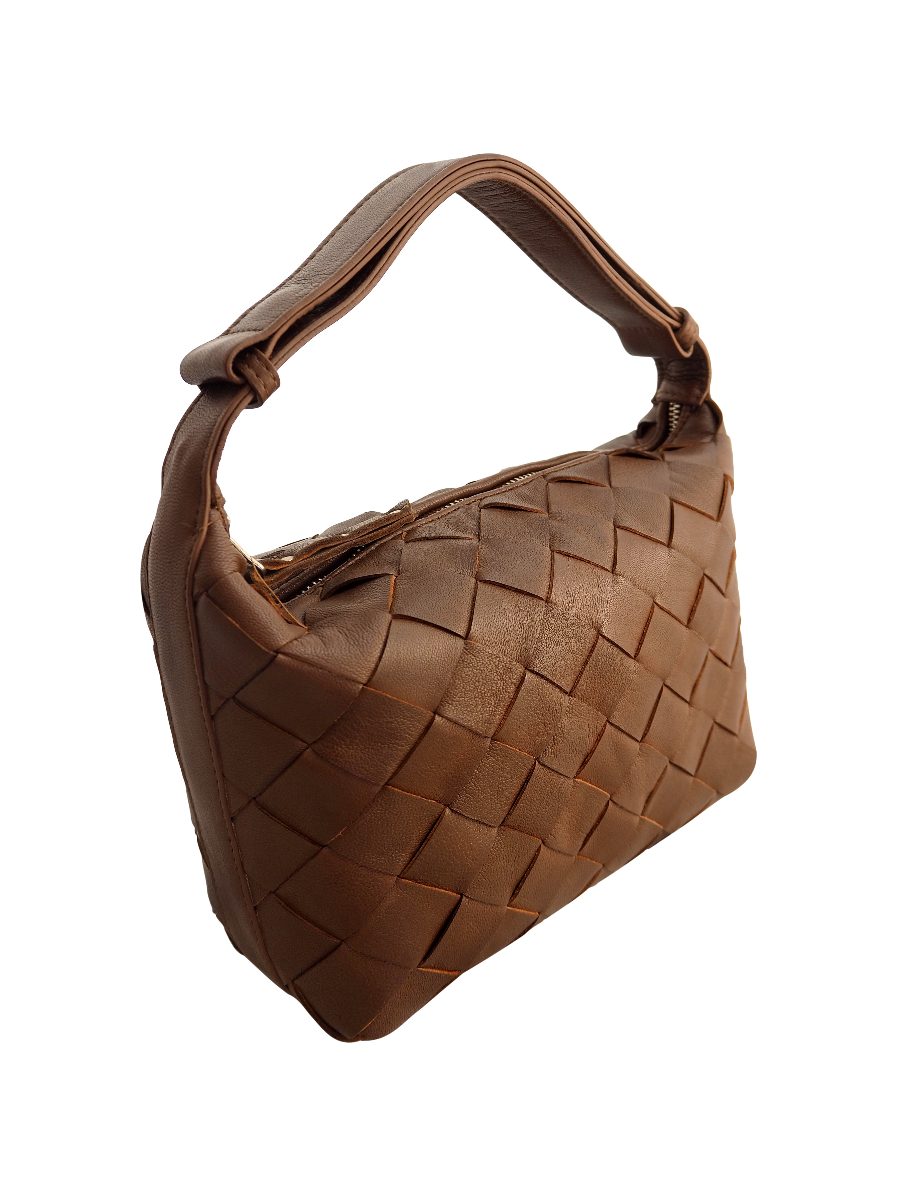 Cadelle Lee chocolate leather handbag with handwoven panel design side view