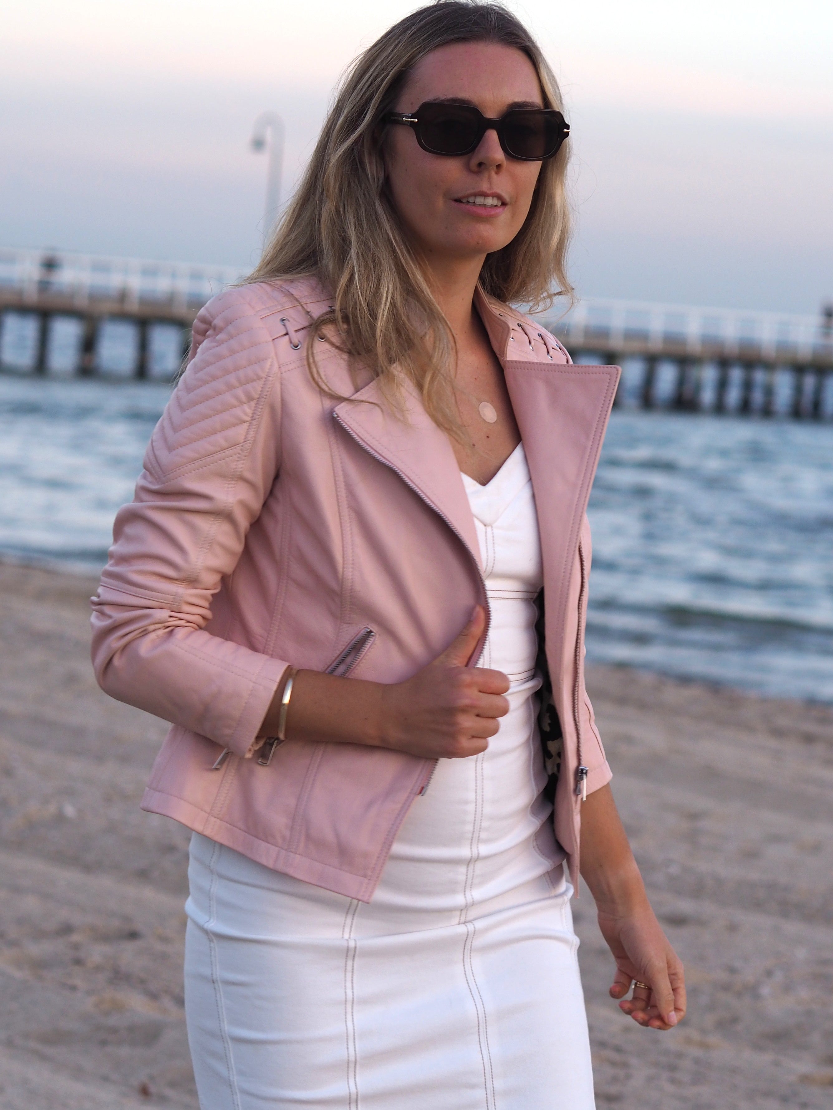 Side view of blush leather Abigail jacket by Cadelle leather