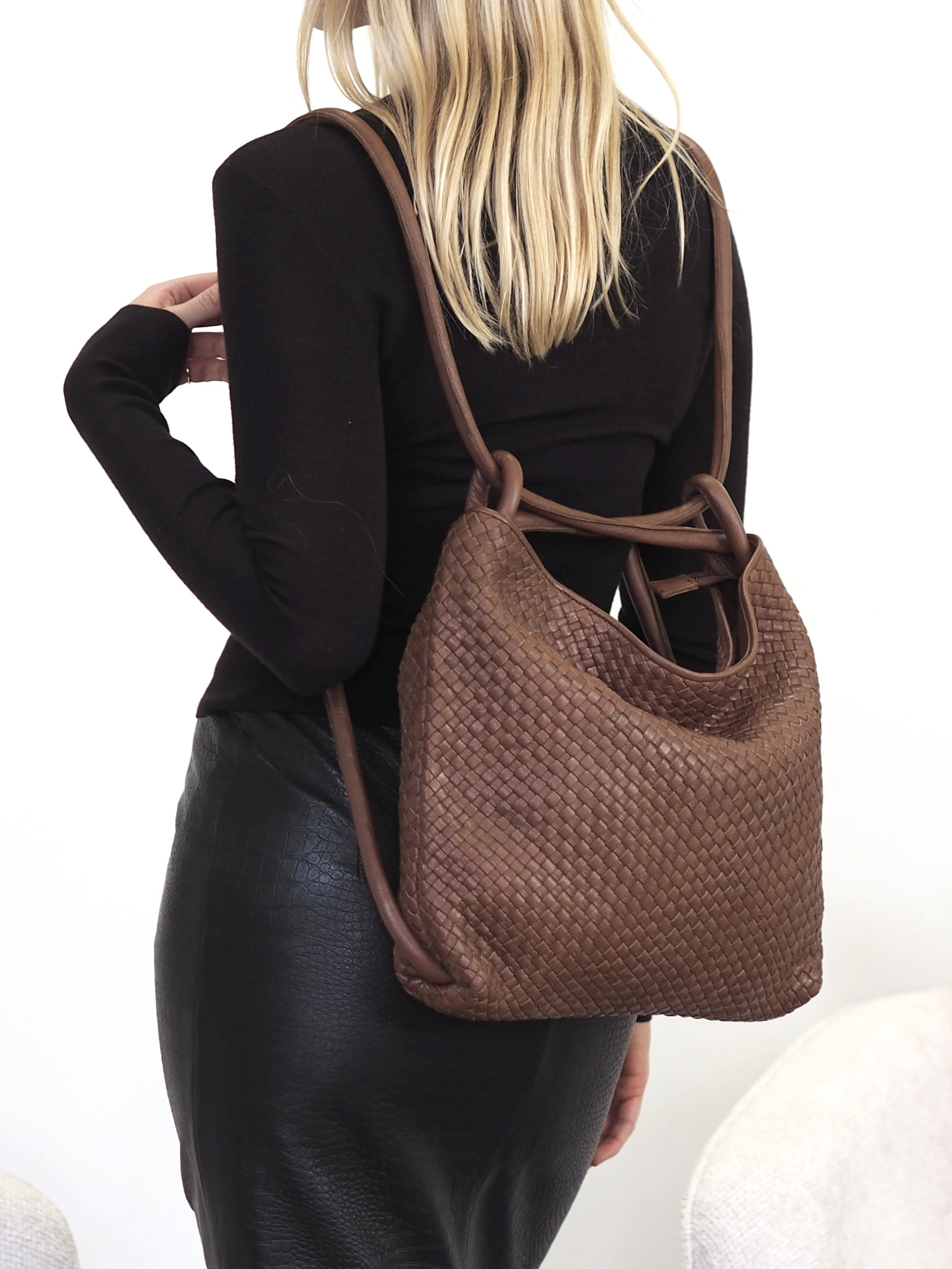 Elli chocolate leather convertible handbag to backpack