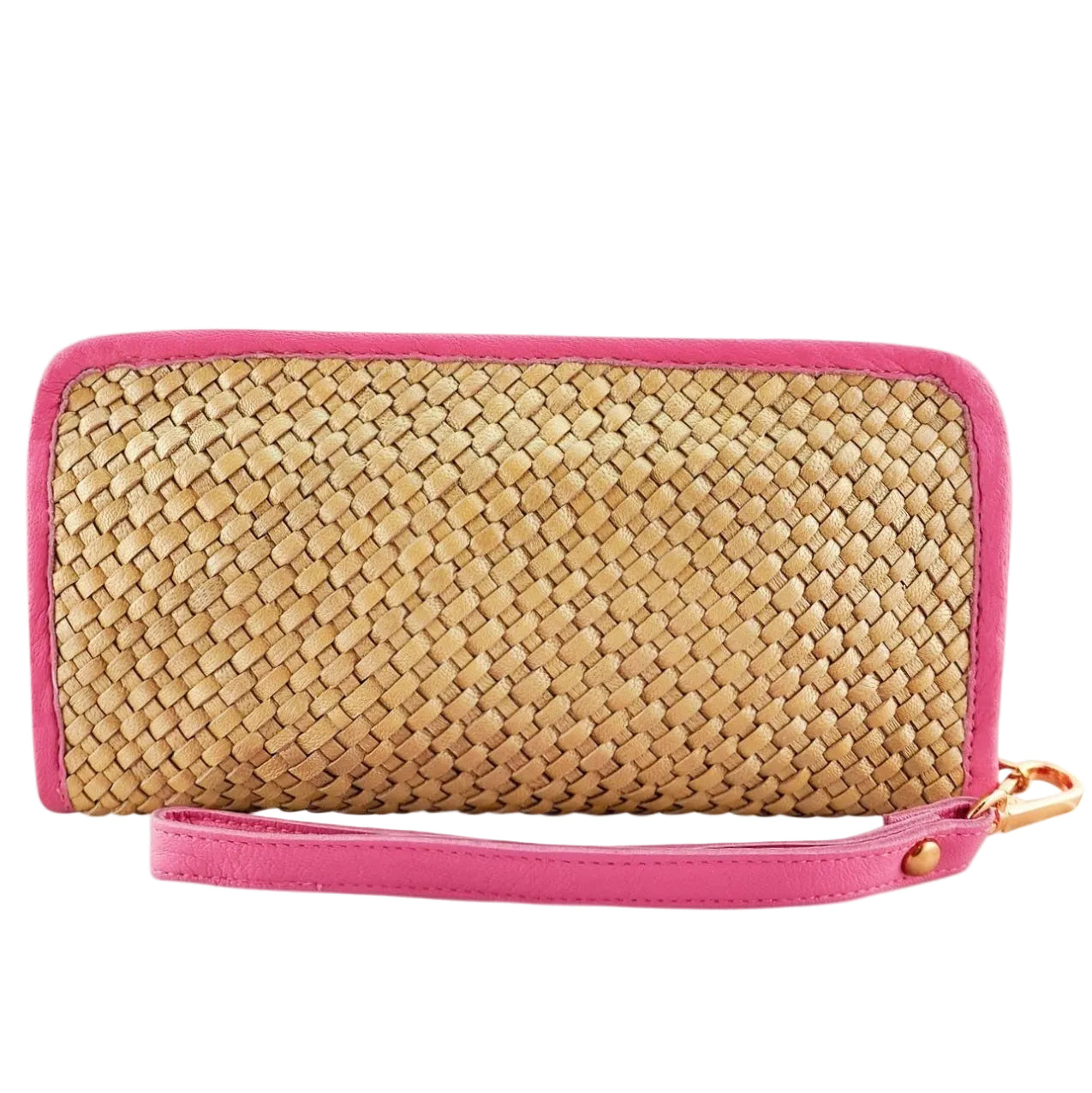 Cadelle Taylor metallic gold and fuchsia leather wallet clutch with wrist strap front view