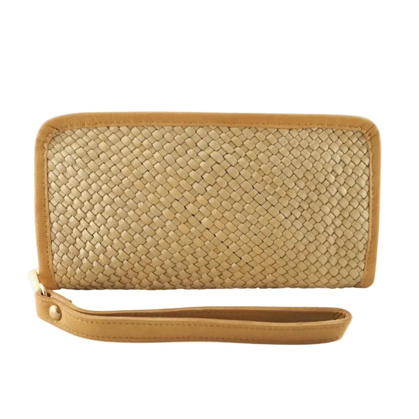 Cadelle Taylor metallic gold and camel leather wallet clutch with wrist strap front view