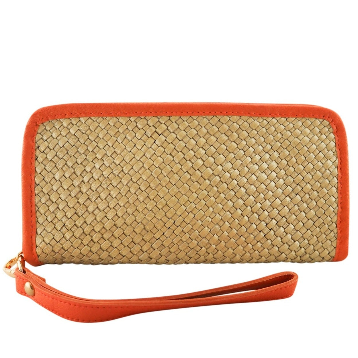 Cadelle Taylor metallic gold and mandarin leather wallet clutch with wrist strap front view