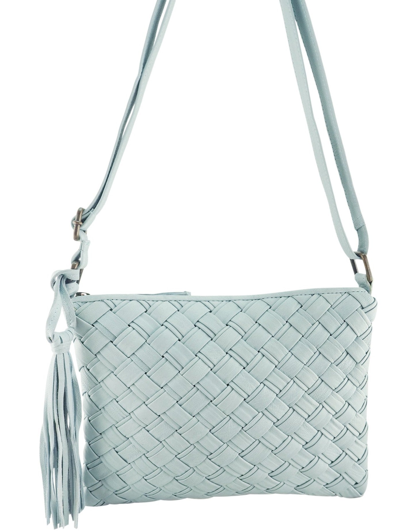 Cadelle Diane pale blue leather crossbody bag with woven front detail front view