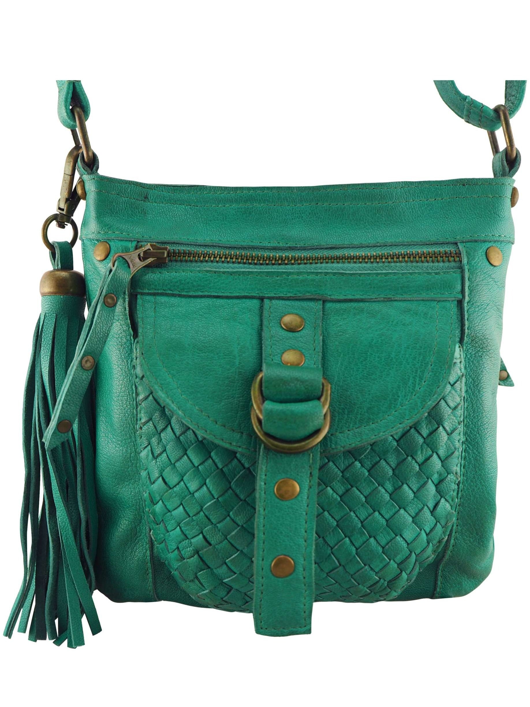 Peacock green leather handbag with braided design and tassel