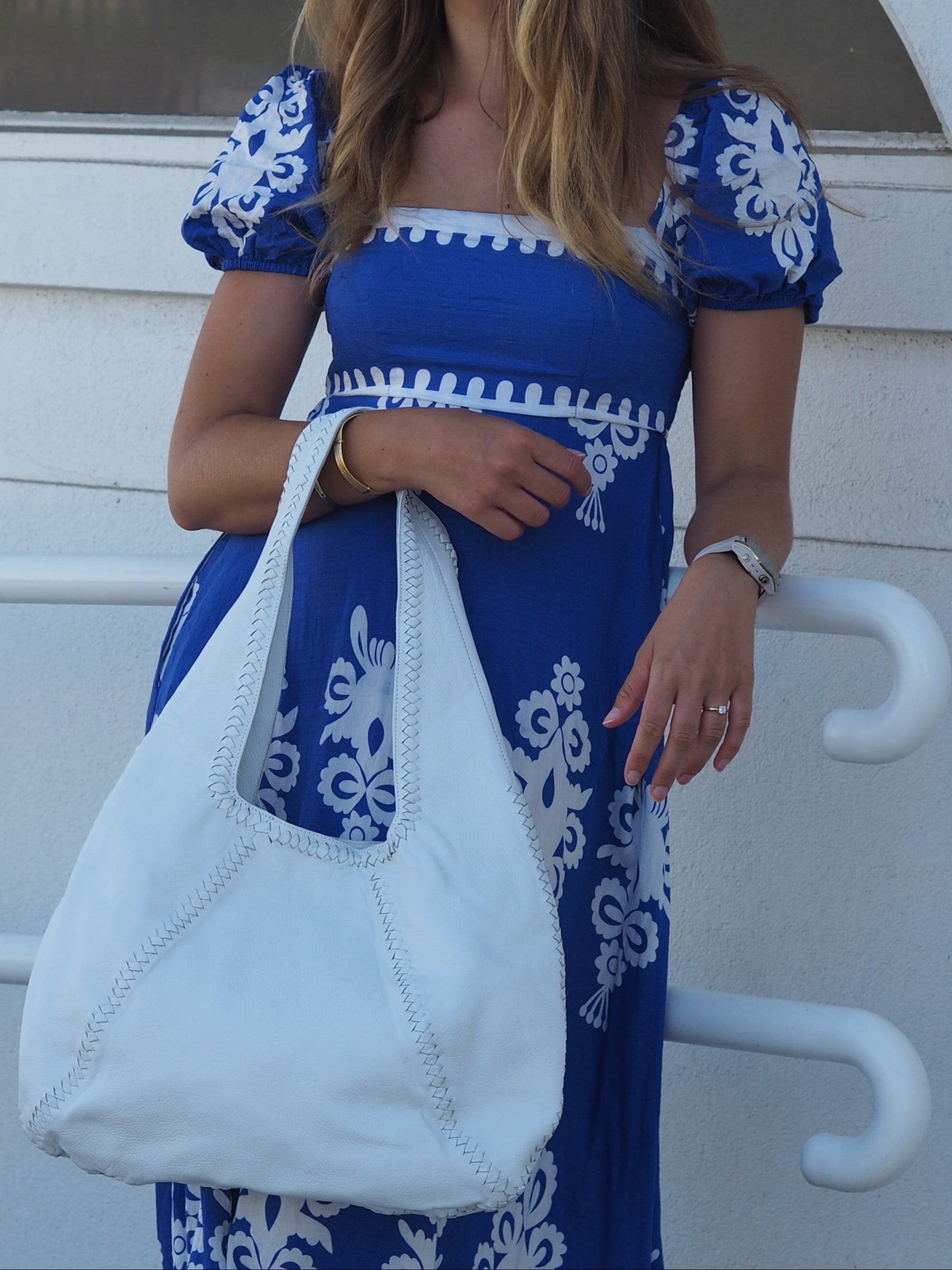 Cadelle Patrizia white leather hobo bag with braided and blanket stitch detail