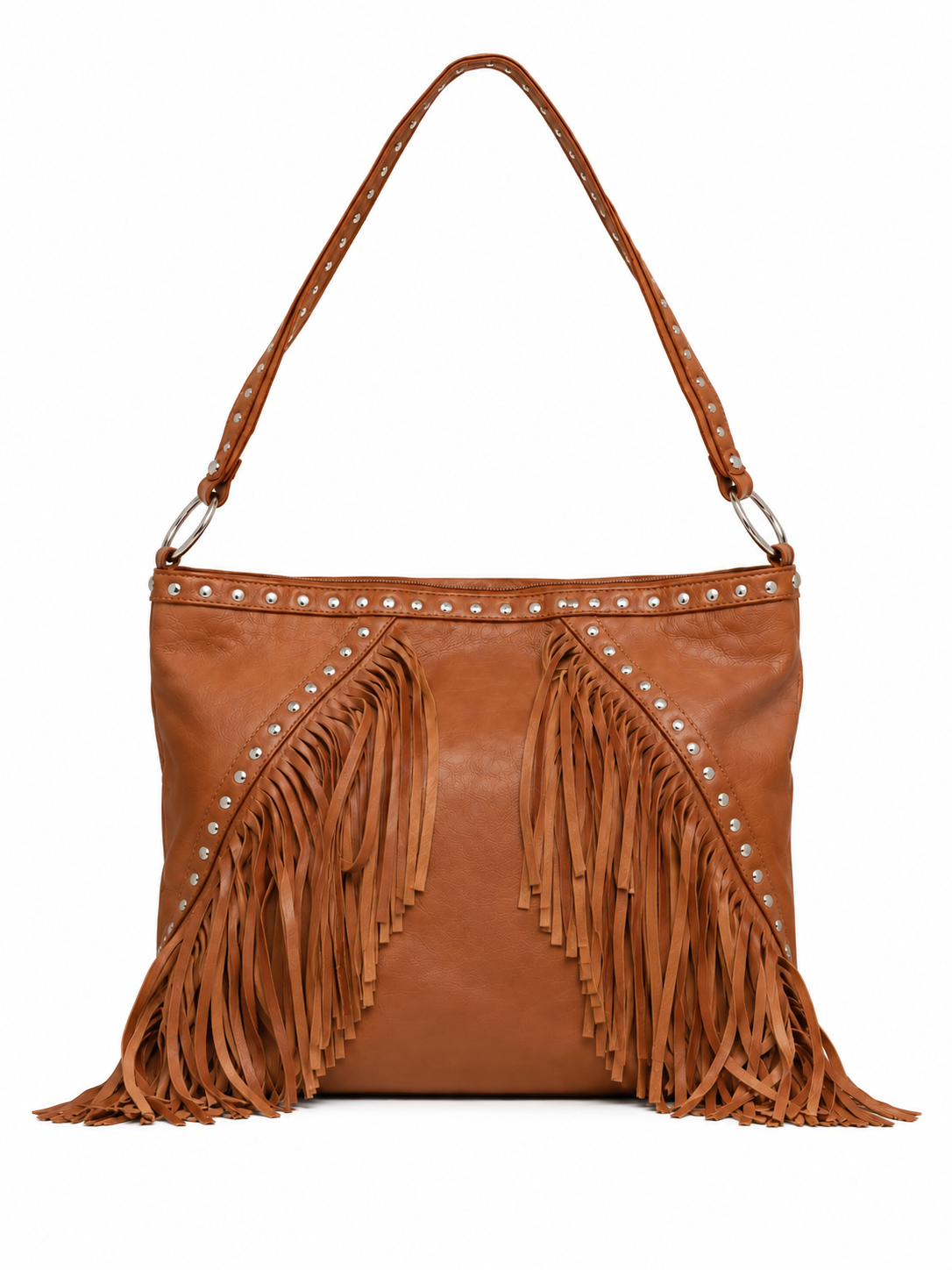 Cadelle Patty cognac leather fringed bag with silver studs