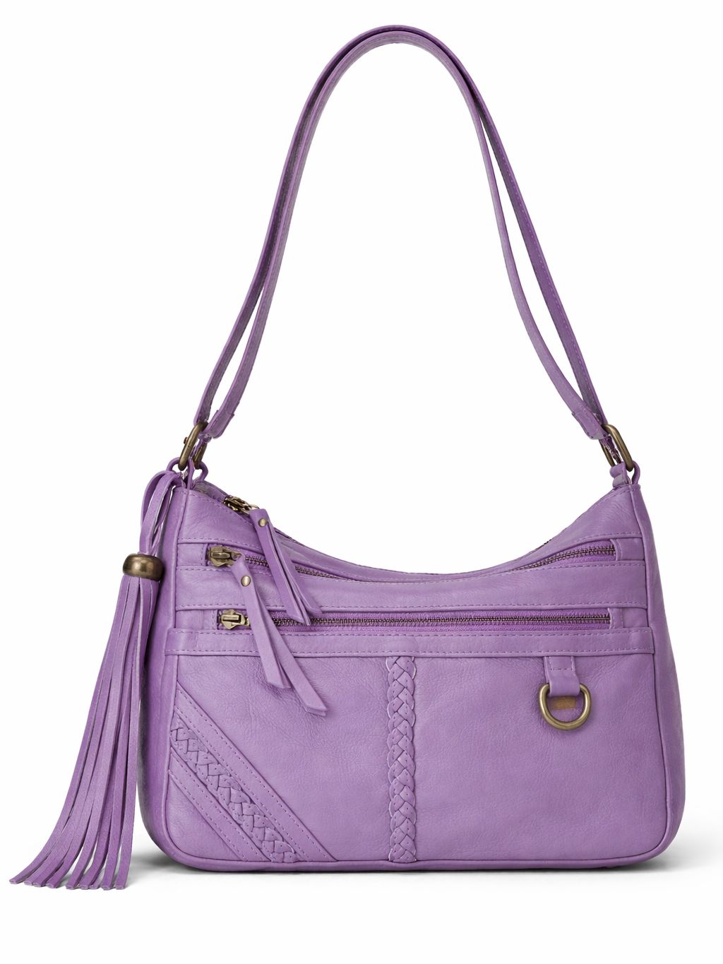 Leather handbag in violet with tassel, long strap and zip pockets
