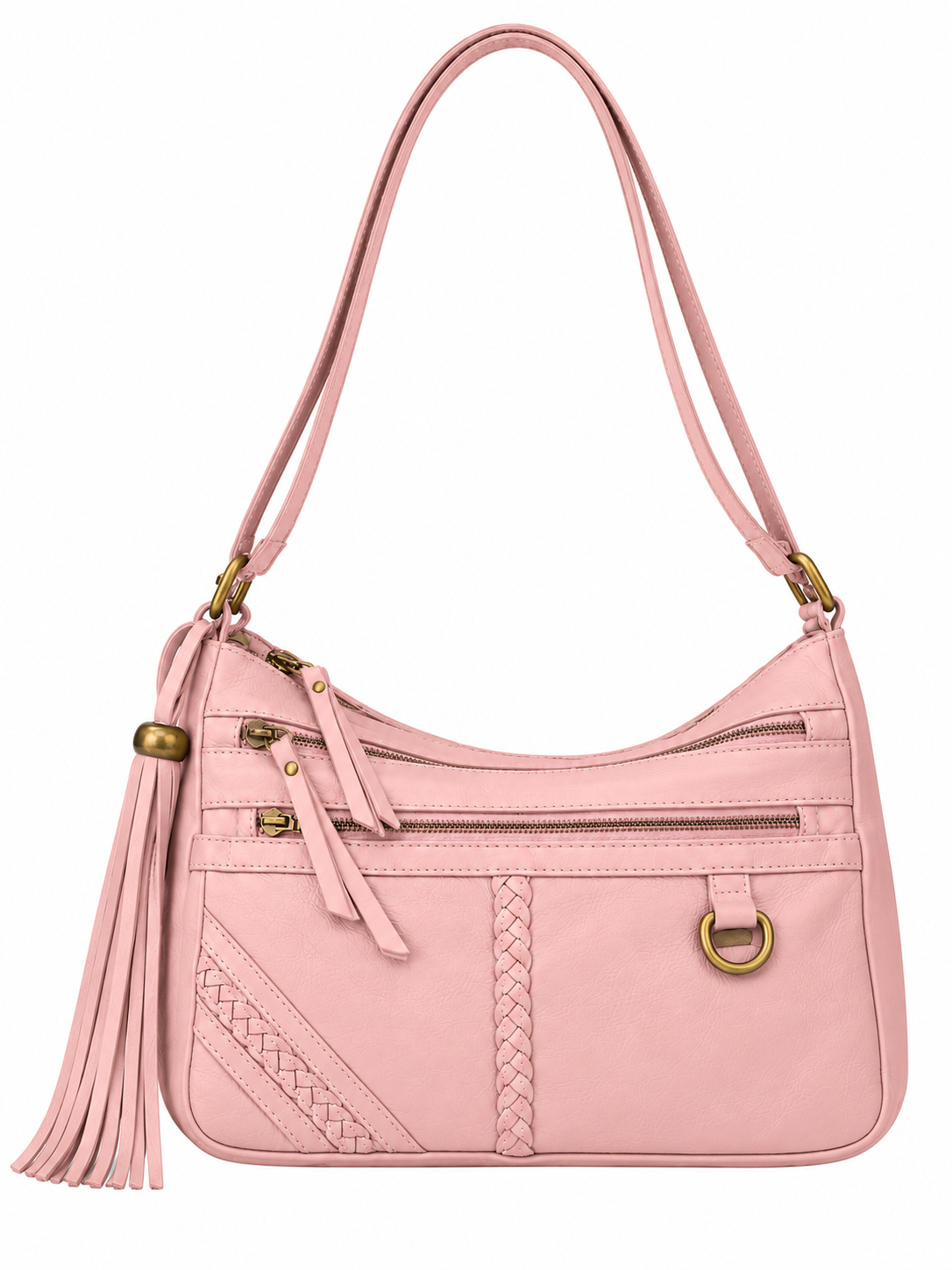 Peggy misty rose pink leather crossbody bag with adjustable strap, a decorative tassel, and antique brass hardware