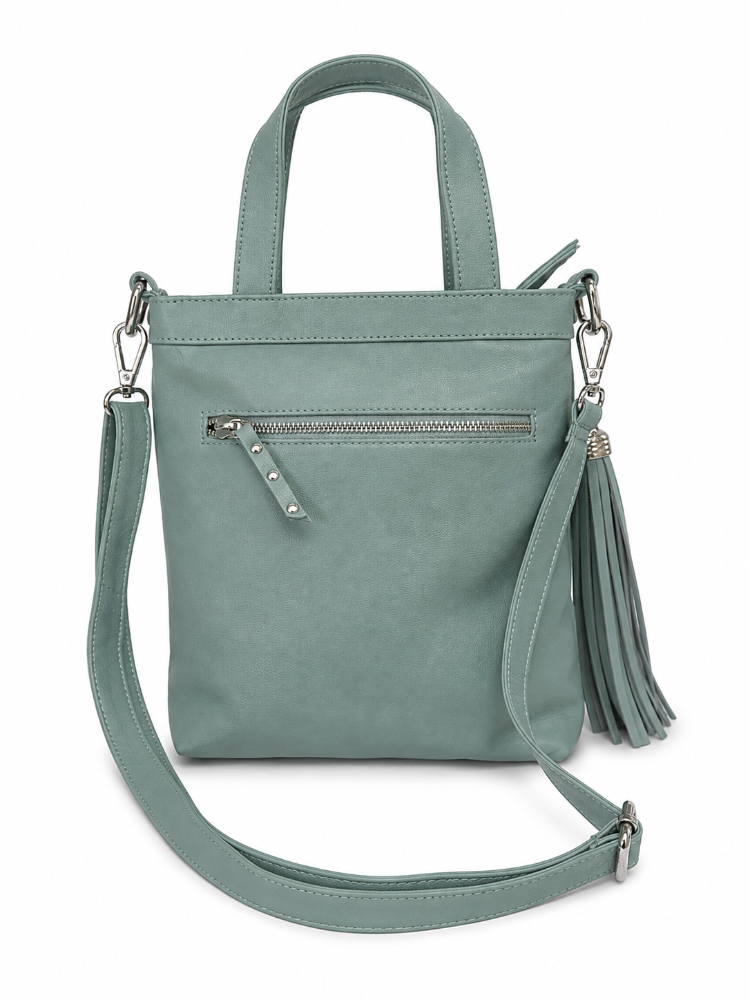 Back view of Carter leather handbag with dual top handles, a zippered pocket, a detachable shoulder strap, and a tassel detail