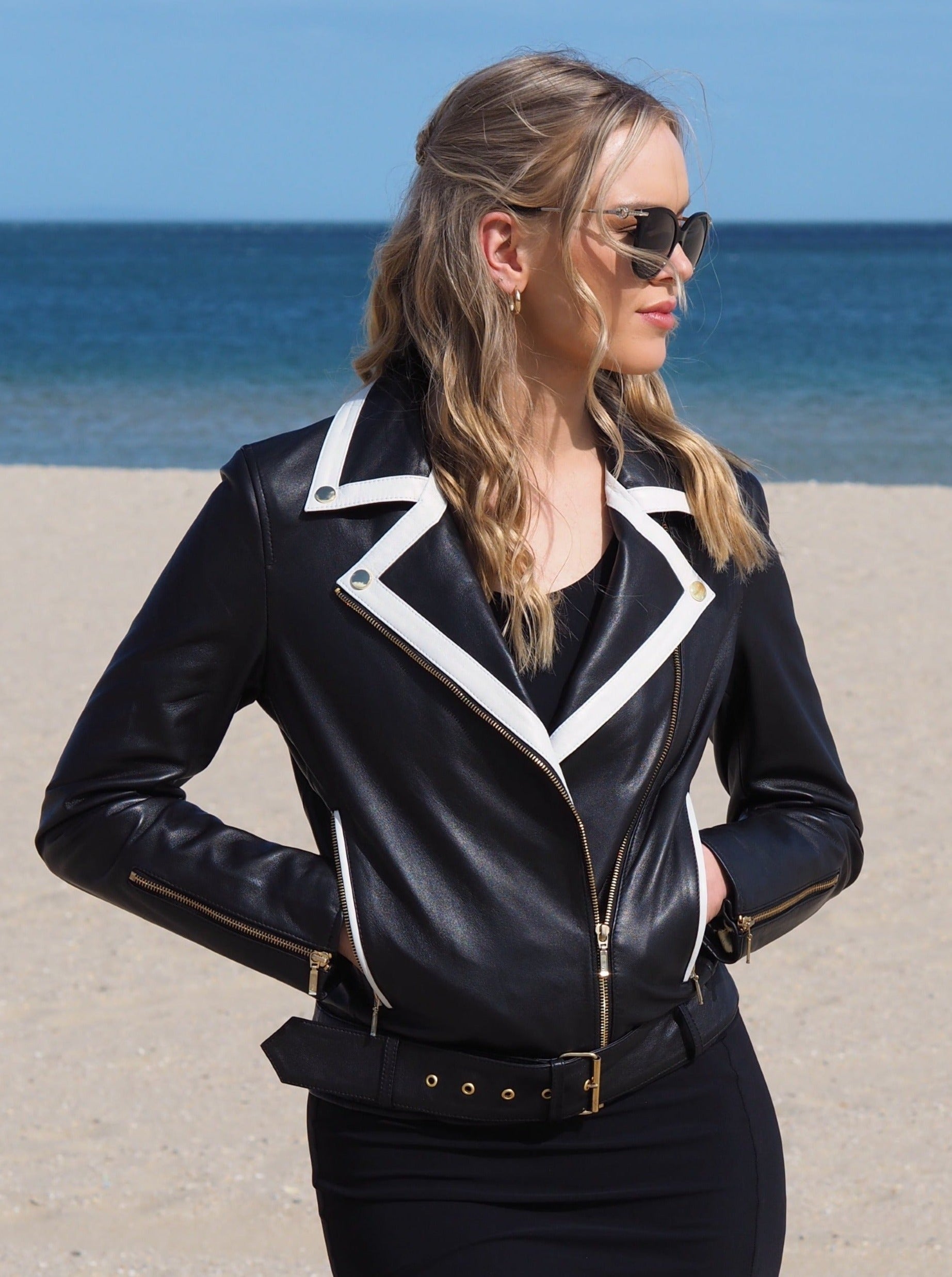 Rachel Contrast Trim Biker | Black/White-CadelleLeather