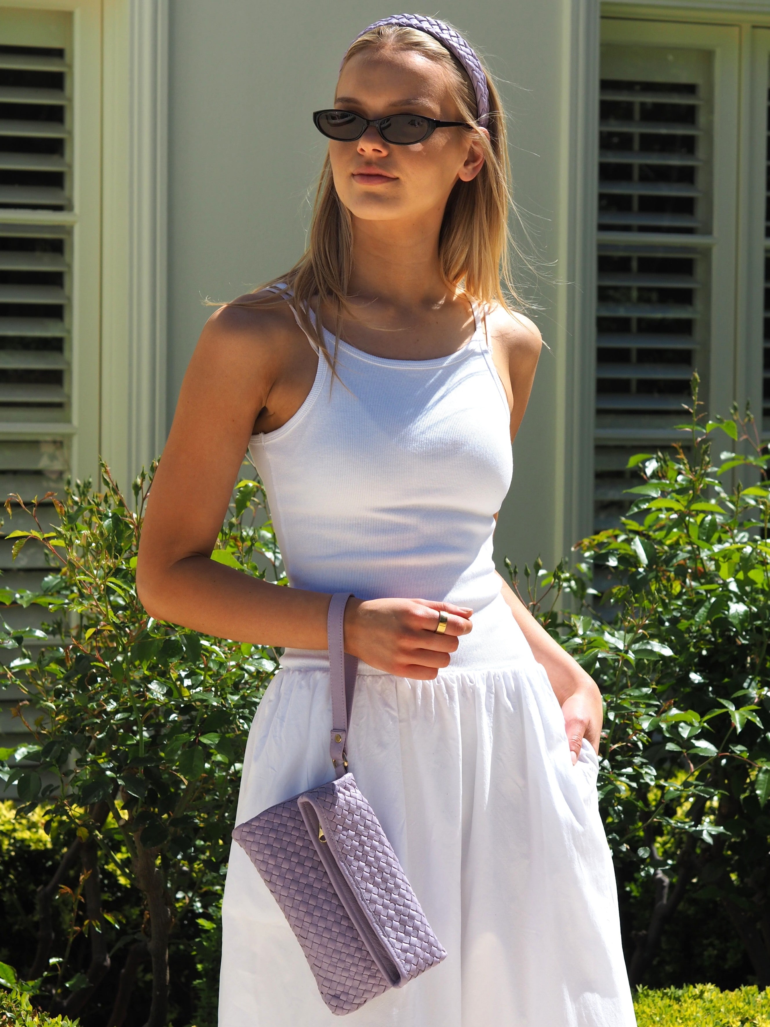 Lilac all over woven clutch with wristlet strap