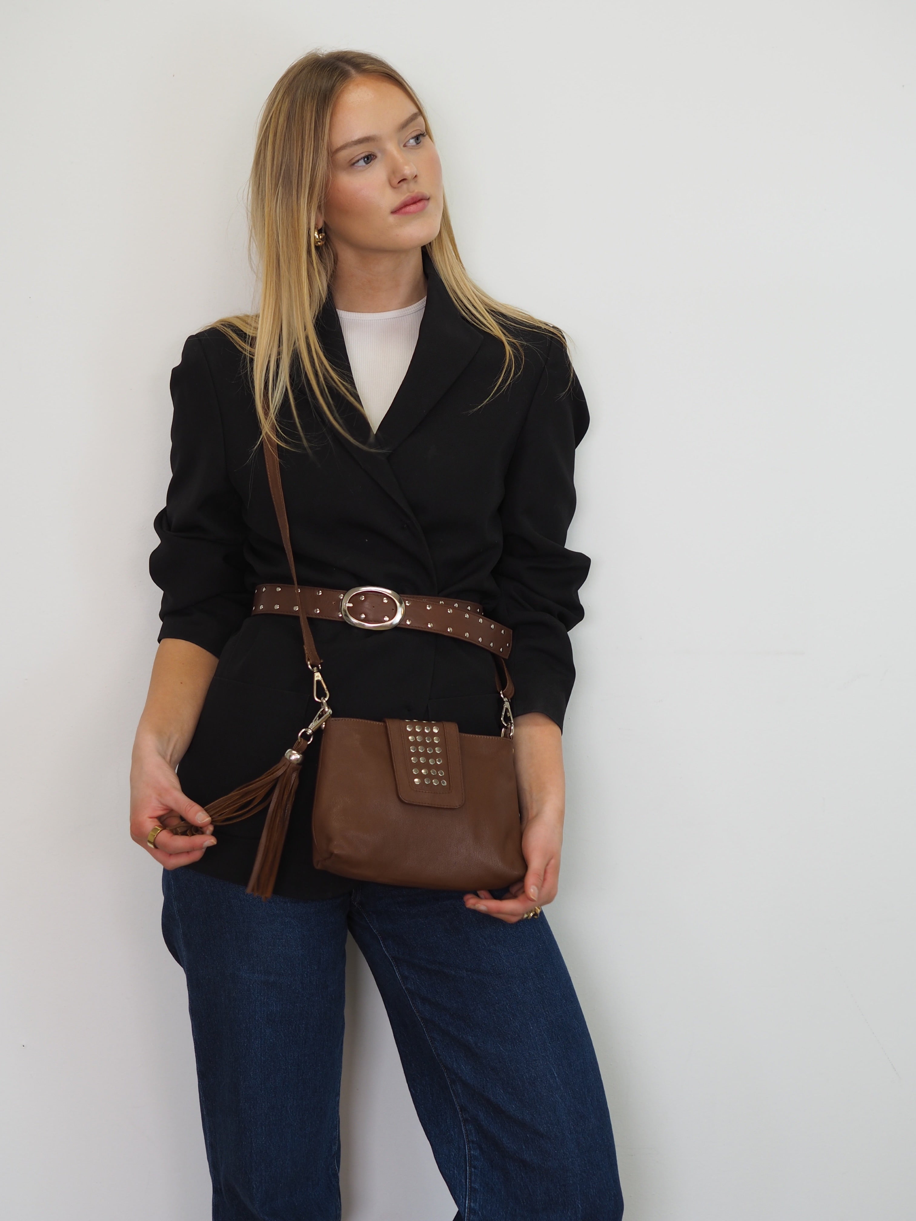 Cadelle Gigi chocolate leather crossbody bag with silver stud detailing