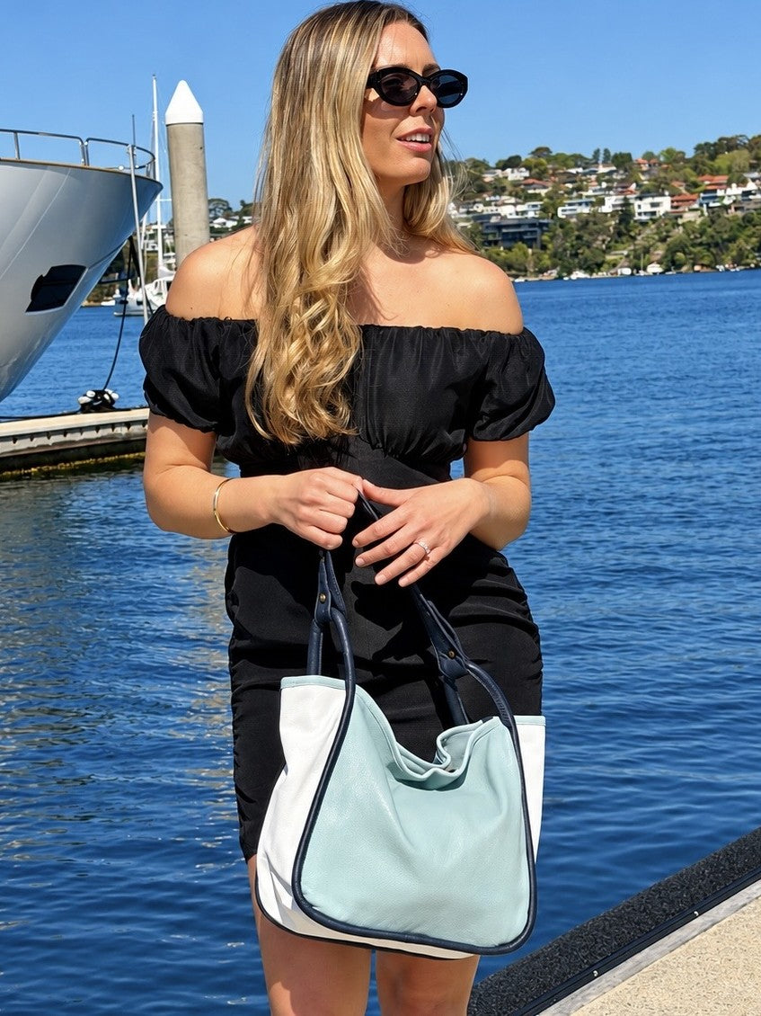 Cadelle Carla pale blue leather color blocked handbag